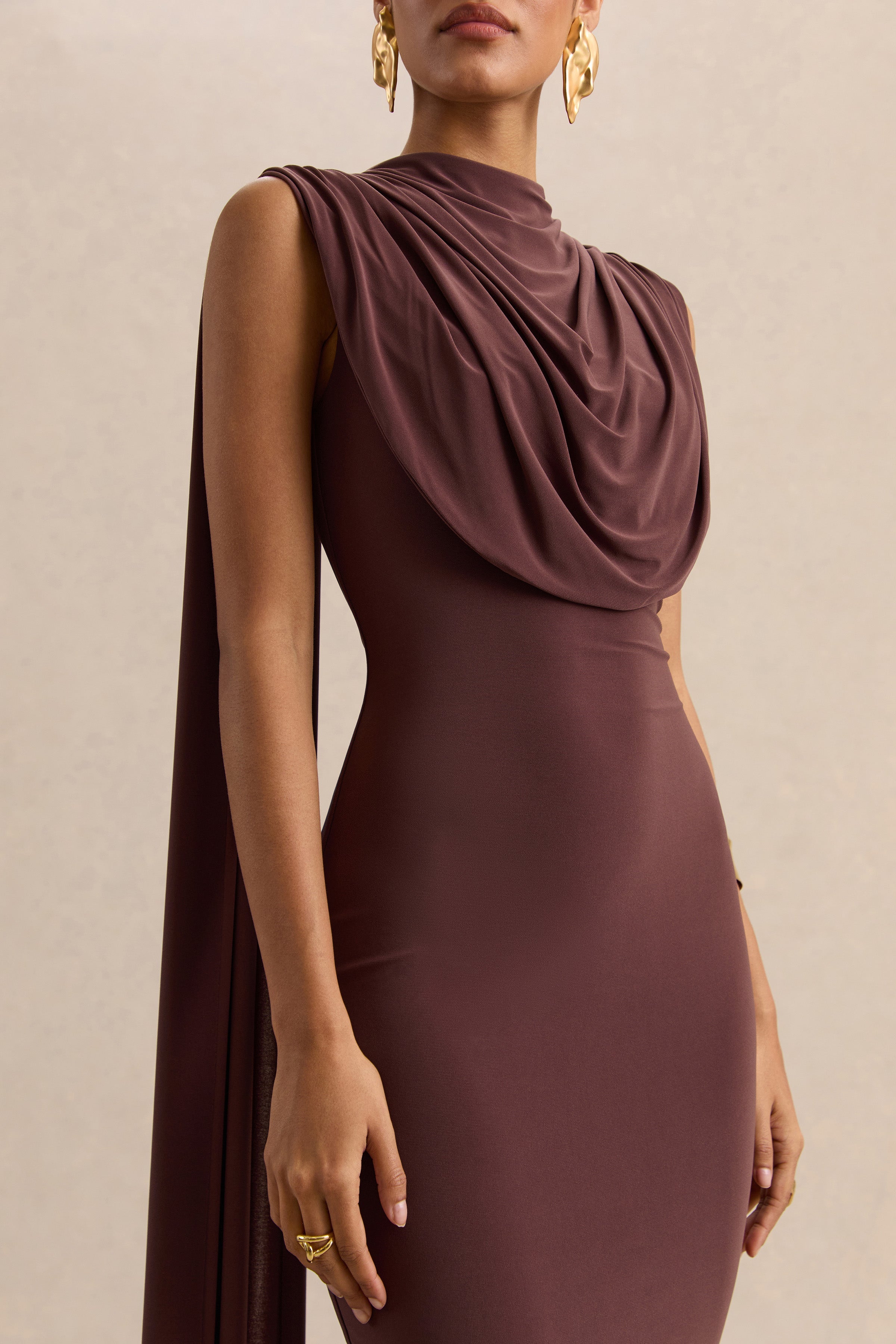 Patrina | Brown High-Neck Maxi Dress With Draped-Detailing And Cape-Sleeves