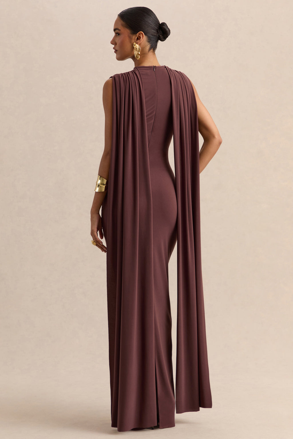 Patrina | Brown High-Neck Maxi Dress With Draped-Detailing And Cape-Sleeves