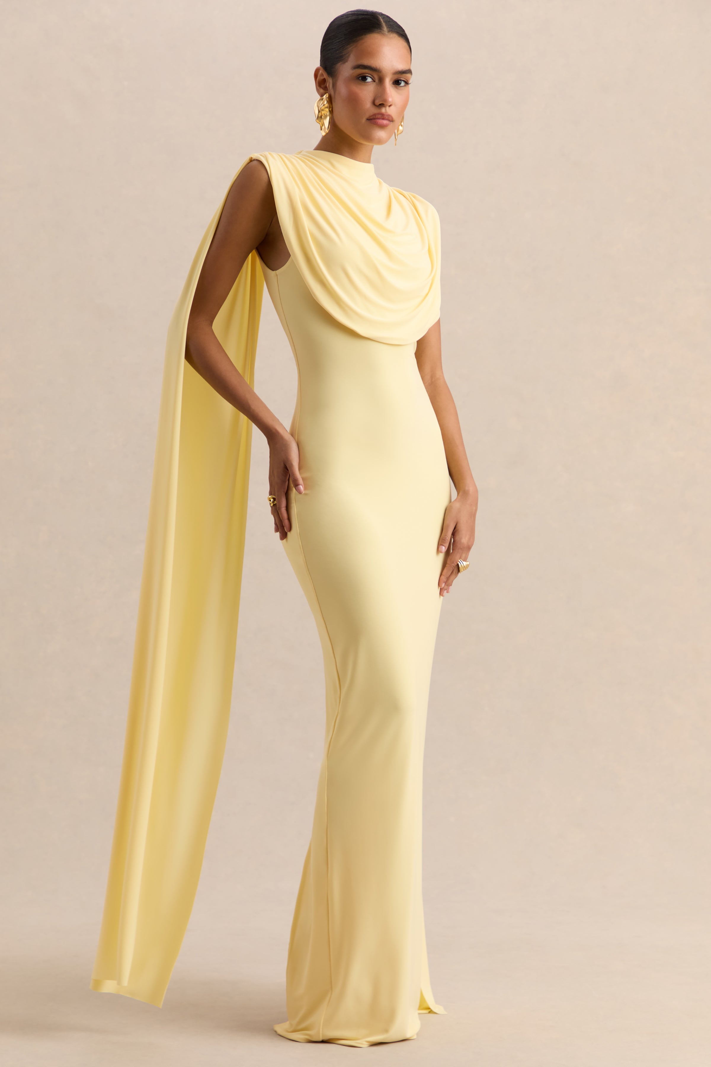 Patrina | Lemon High-Neck Maxi Dress With Draped-Detailing And Cape-Sleeves
