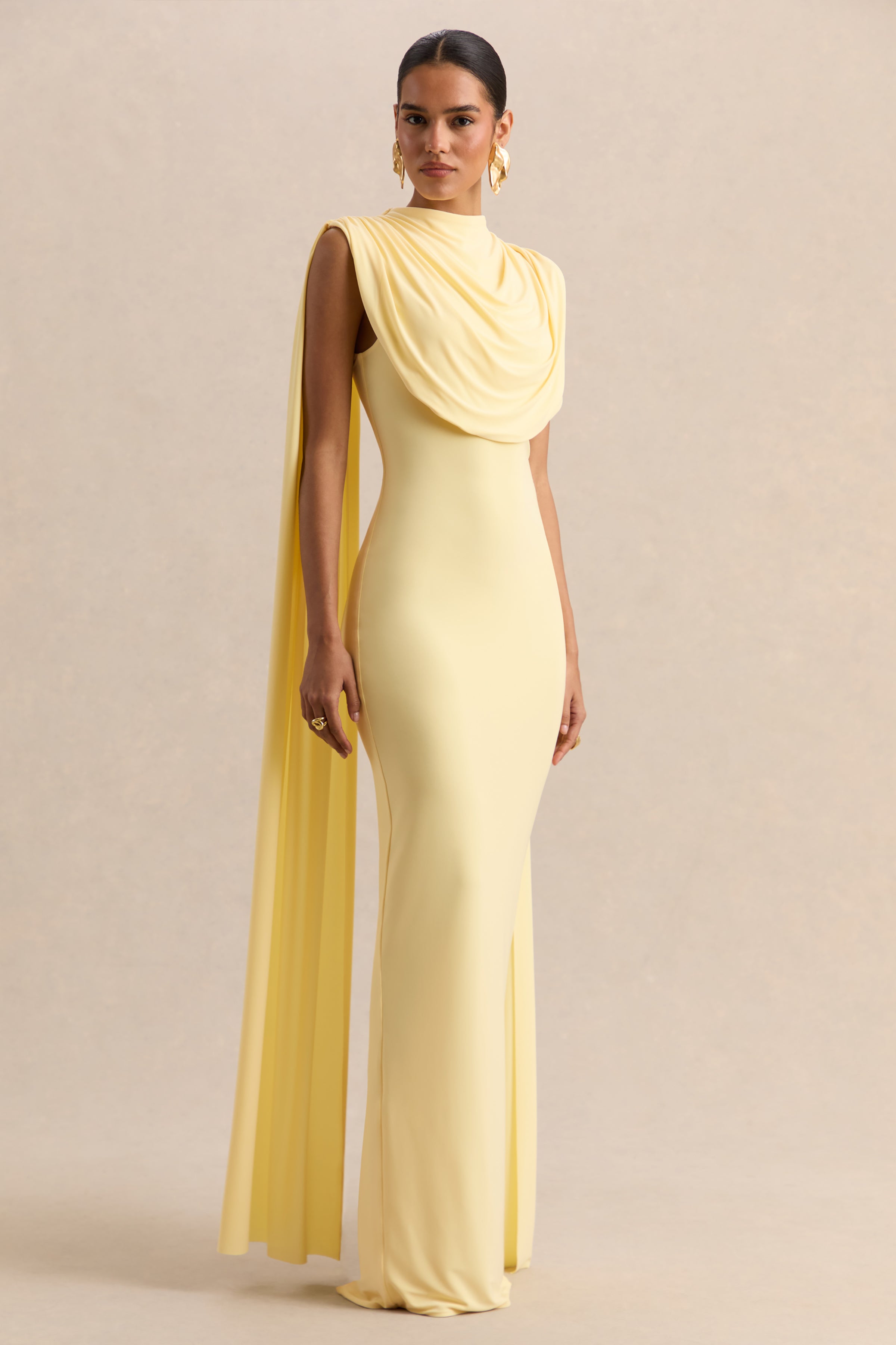 Patrina | Lemon High-Neck Maxi Dress With Draped-Detailing And Cape-Sleeves