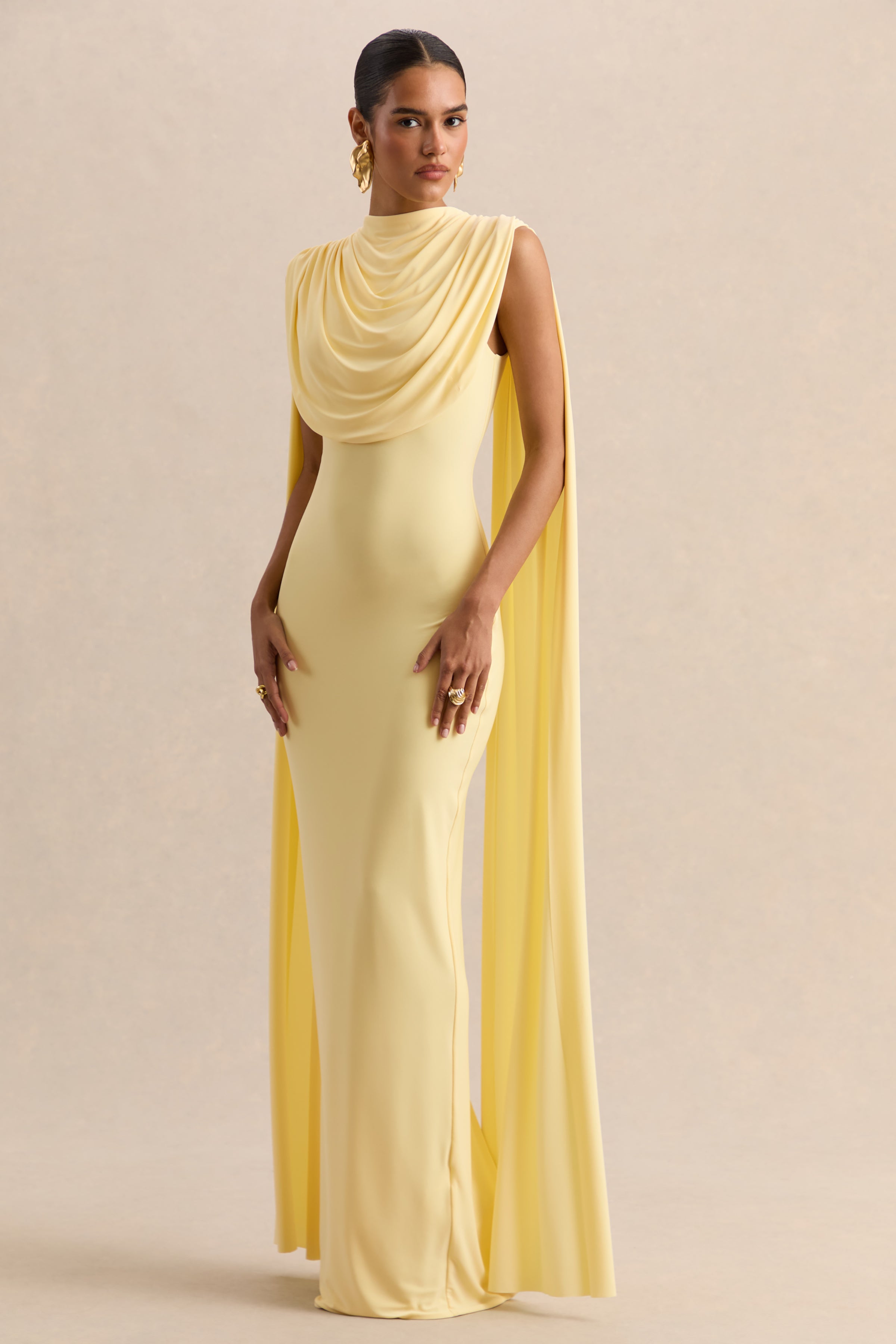 Patrina | Lemon High-Neck Maxi Dress With Draped-Detailing And Cape-Sleeves