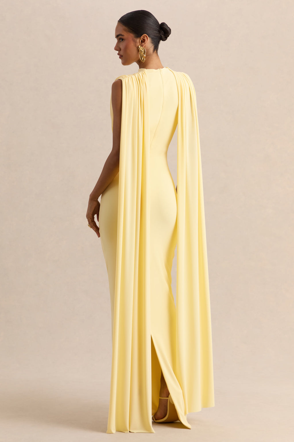 Patrina | Lemon High-Neck Maxi Dress With Draped-Detailing And Cape-Sleeves