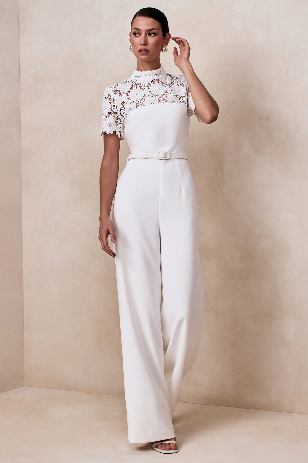 Liliana | White High-Neck Jumpsuit With Lace Detailing