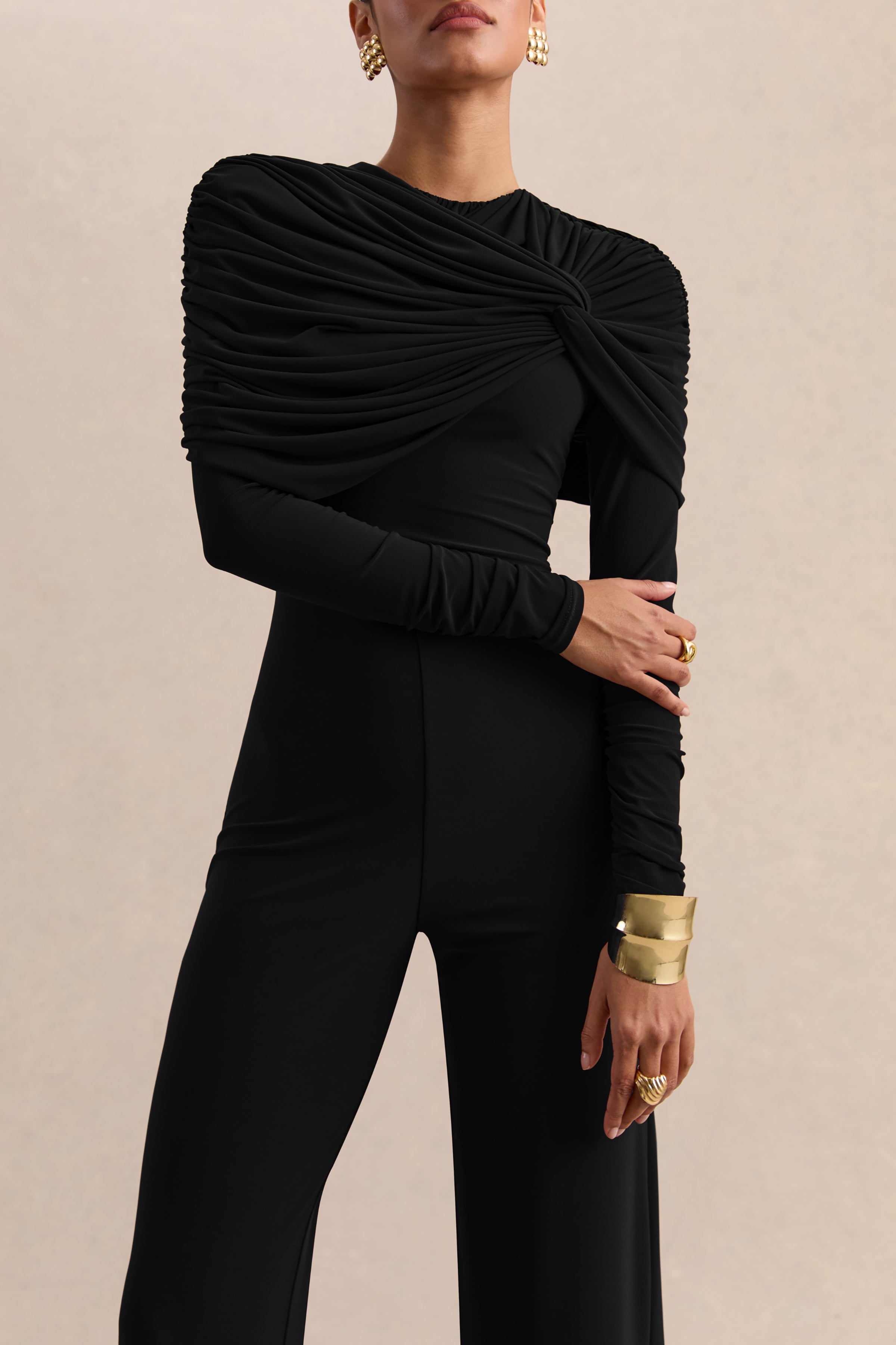 Eloura | Black High-Neck Jumpsuit With Twist-Gathered Detail