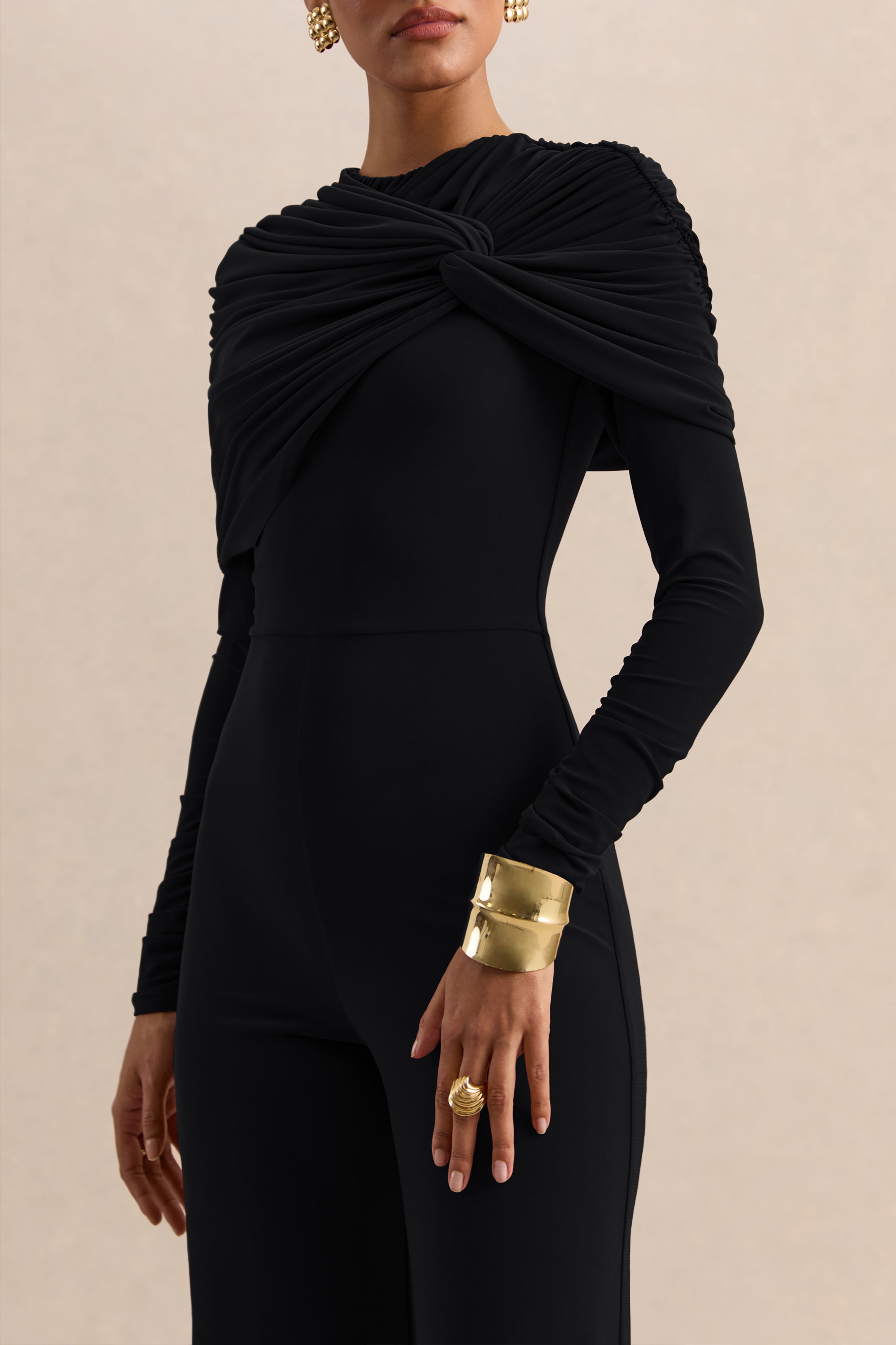 Eloura | Black High-Neck Jumpsuit With Twist-Gathered Detail