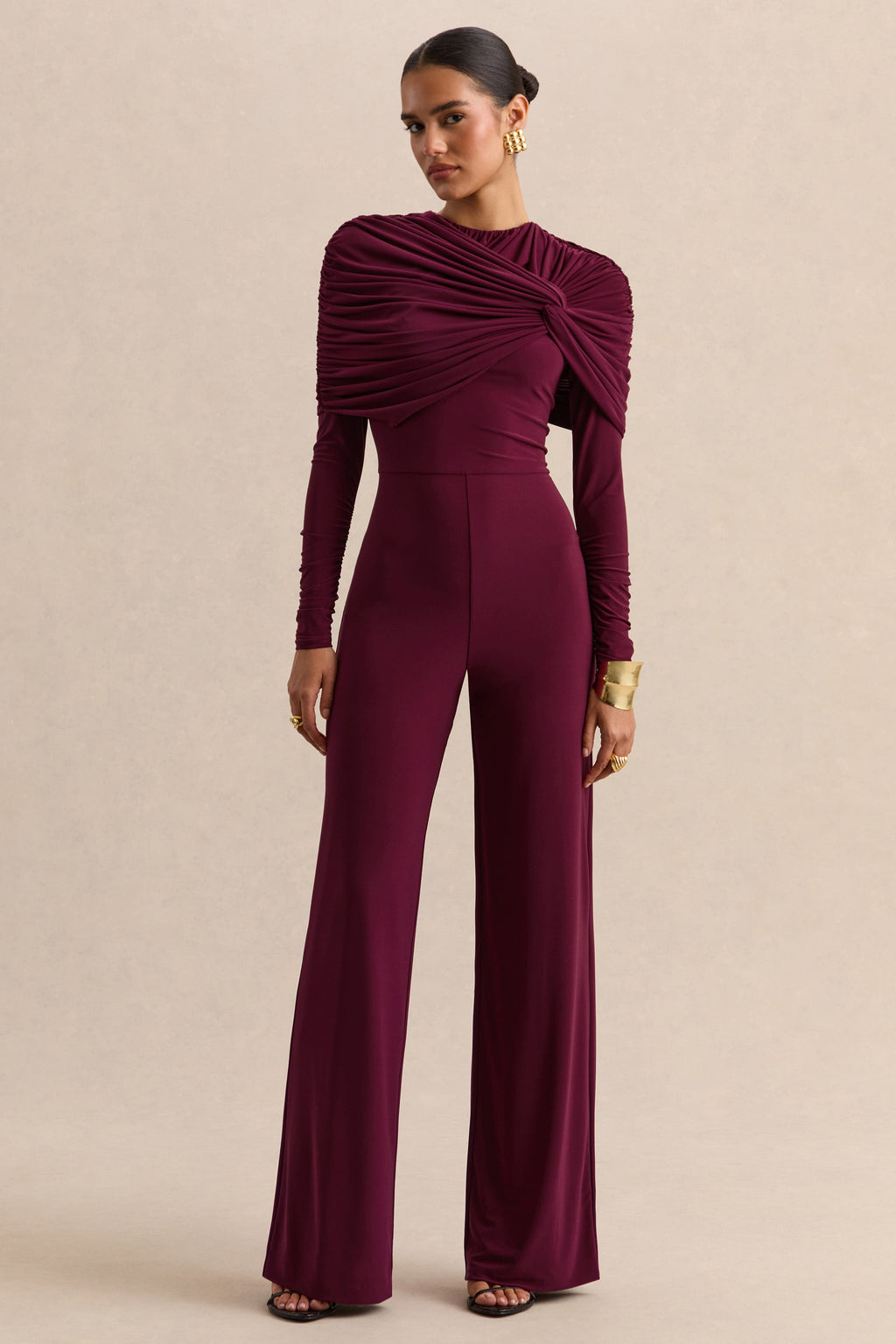 Eloura | Burgundy High-Neck Jumpsuit With Twist-Gathered Detail