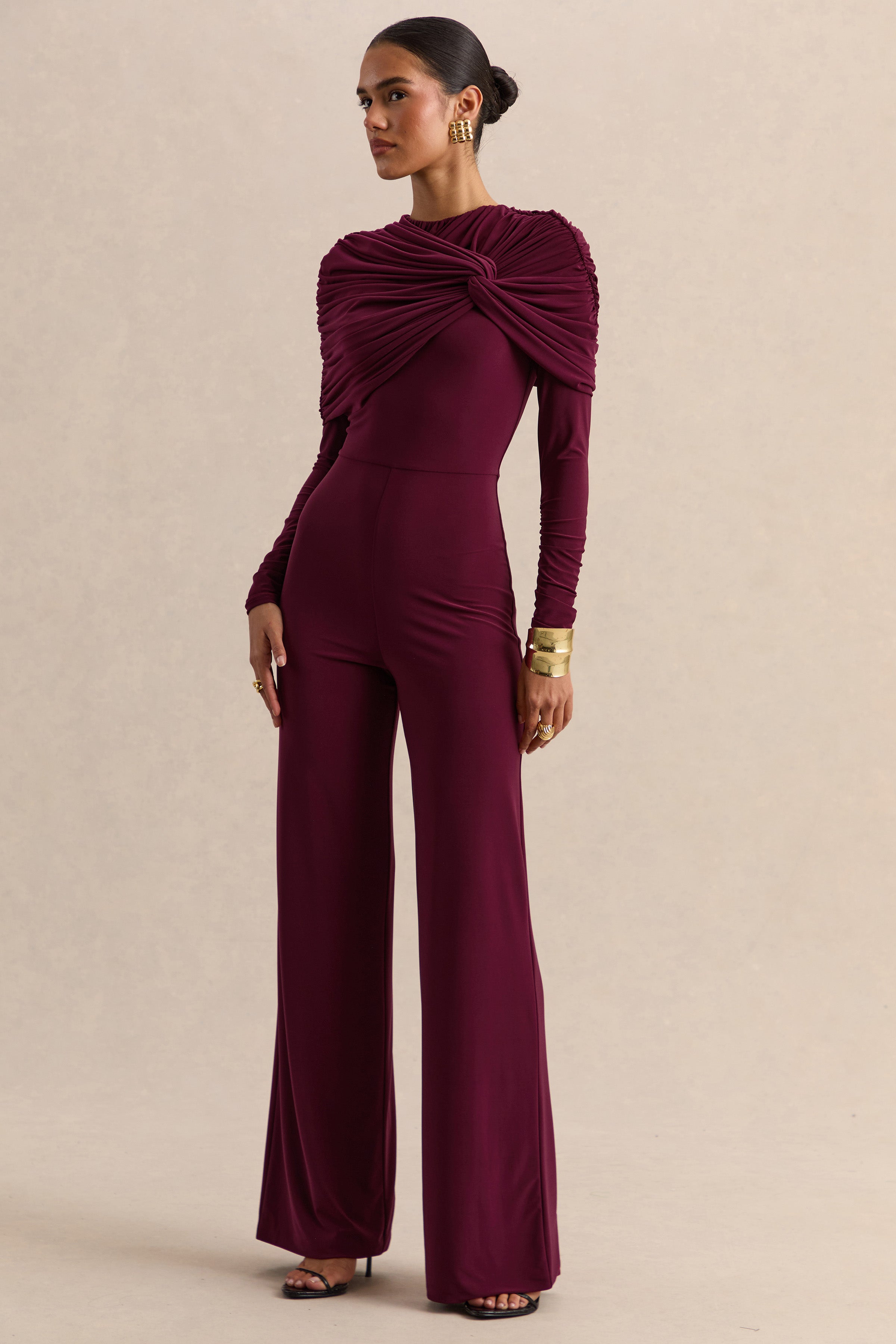 Eloura | Burgundy High-Neck Jumpsuit With Twist-Gathered Detail