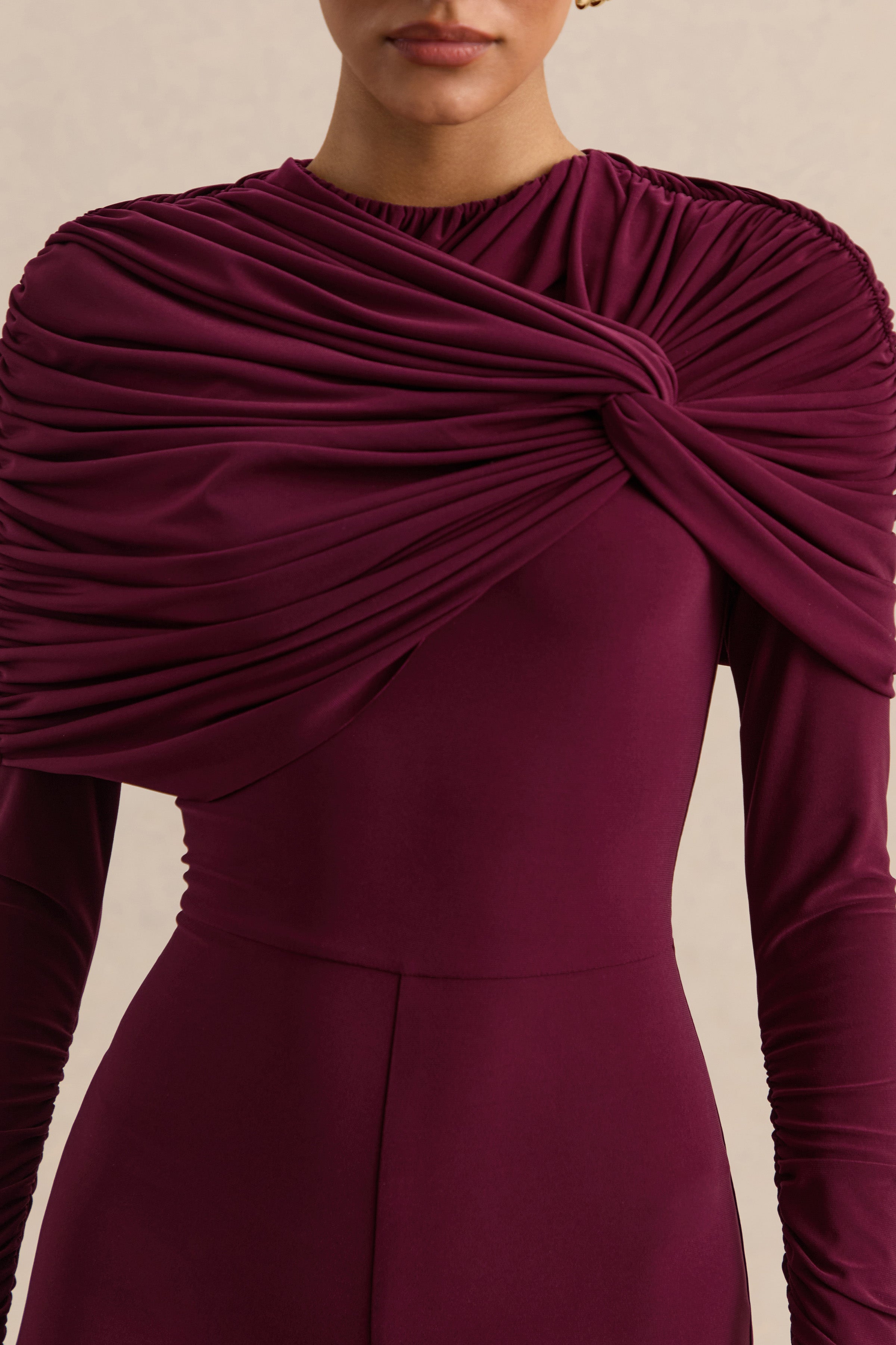 Eloura | Burgundy High-Neck Jumpsuit With Twist-Gathered Detail
