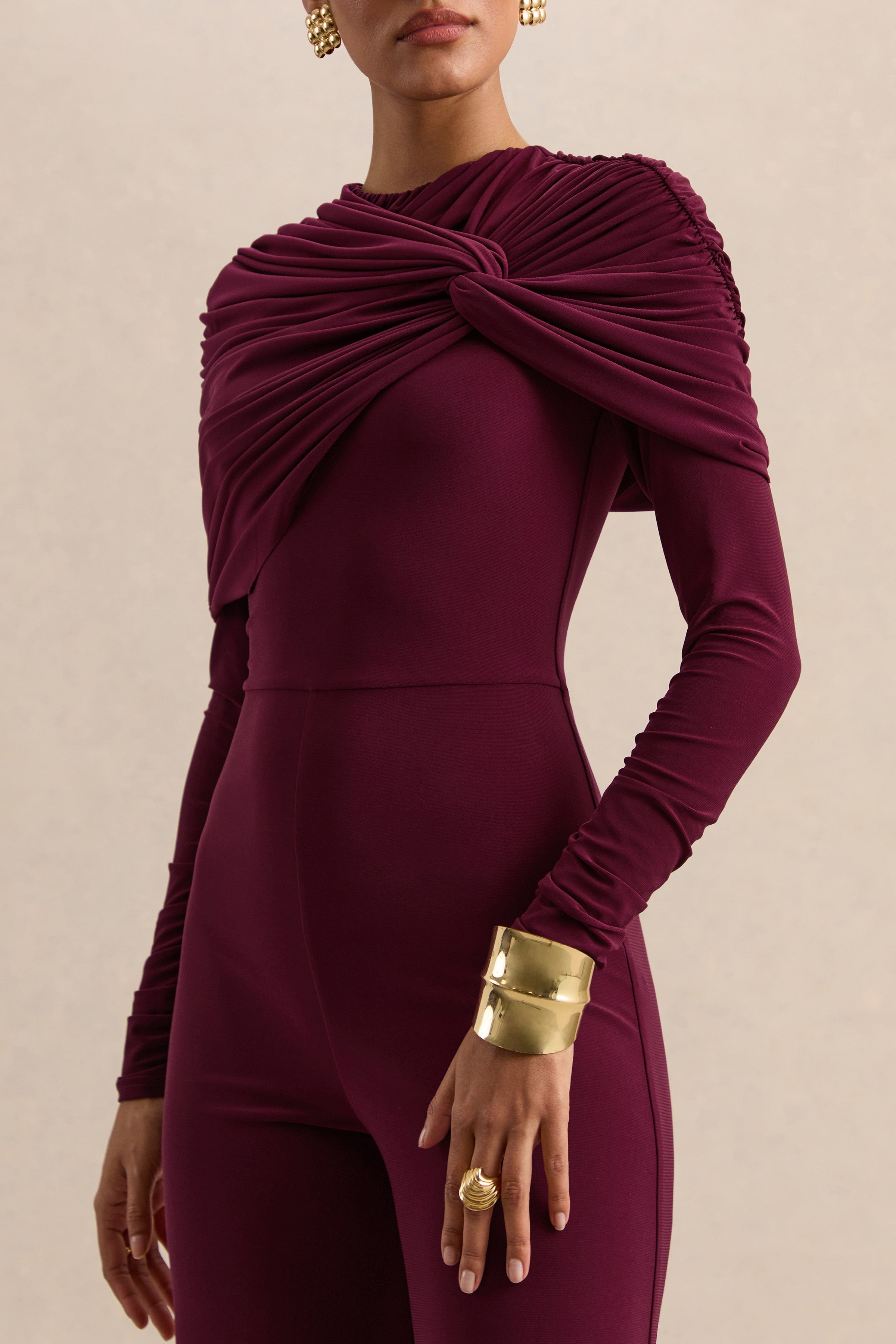 Eloura | Burgundy High-Neck Jumpsuit With Twist-Gathered Detail