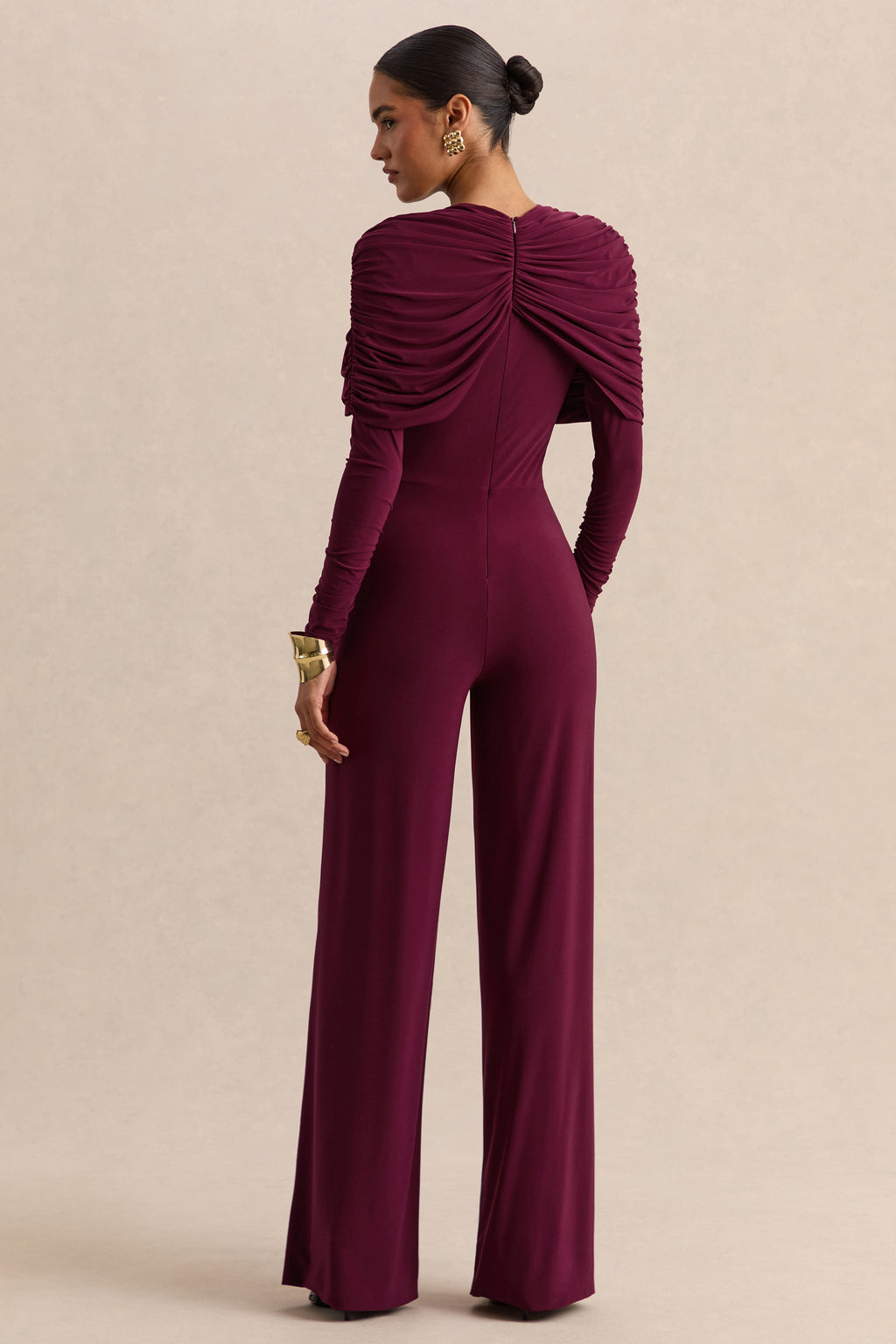 Eloura | Burgundy High-Neck Jumpsuit With Twist-Gathered Detail