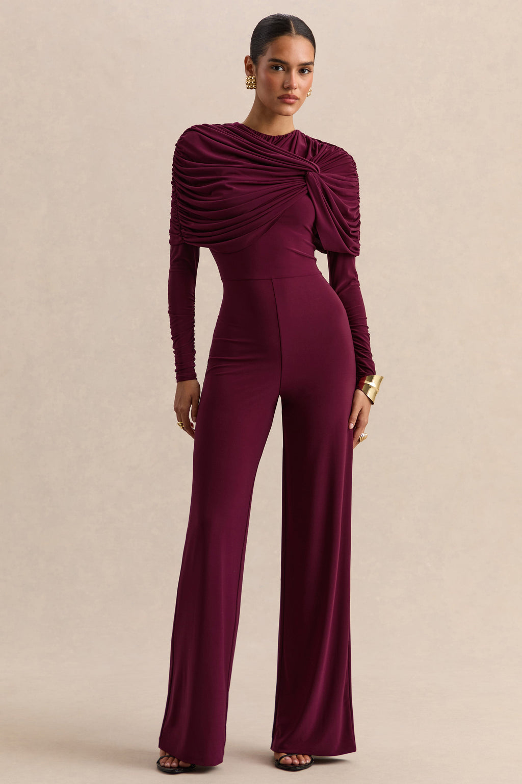 Eloura | Burgundy High-Neck Jumpsuit With Twist-Gathered Detail