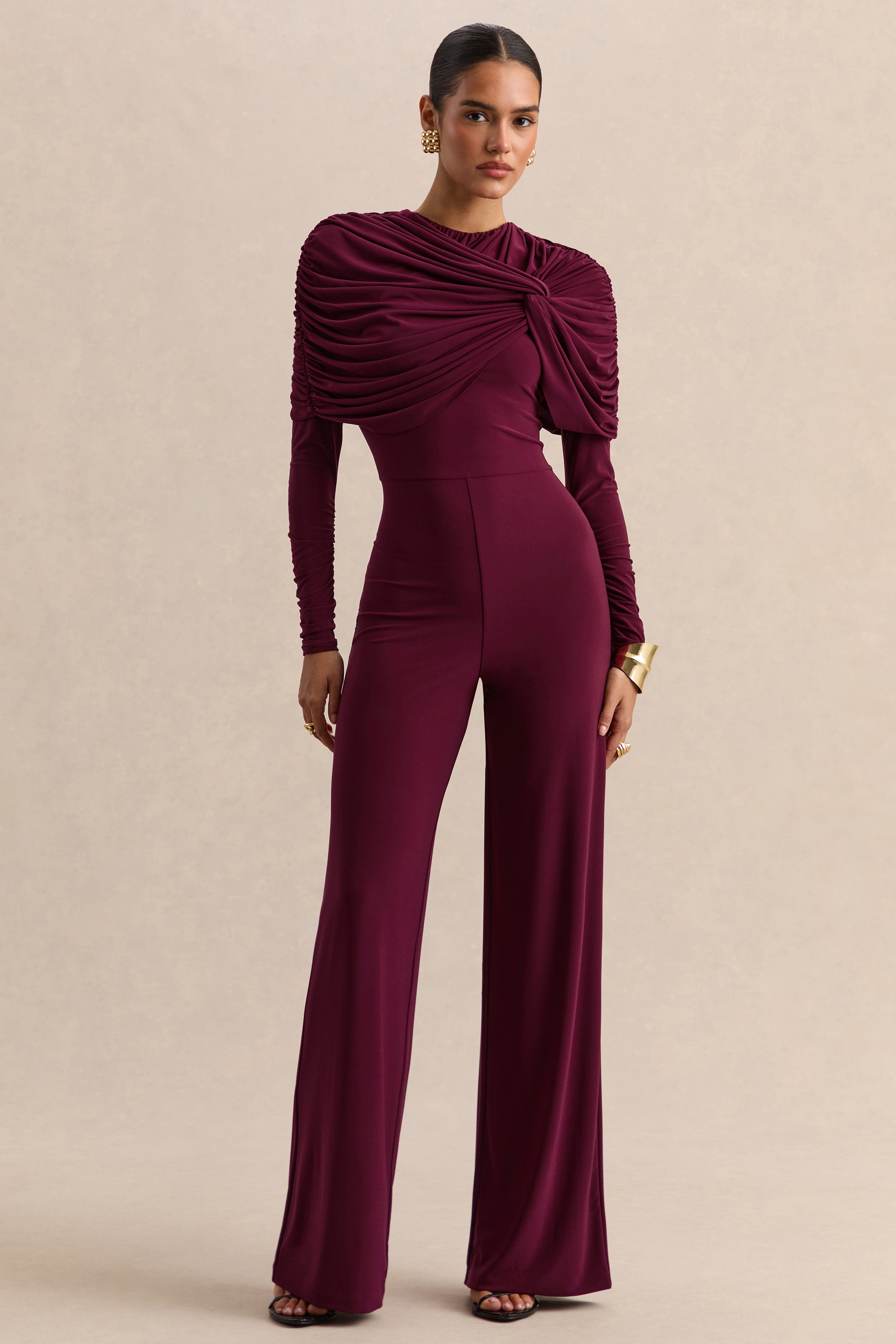 Eloura | Burgundy High-Neck Jumpsuit With Twist-Gathered Detail