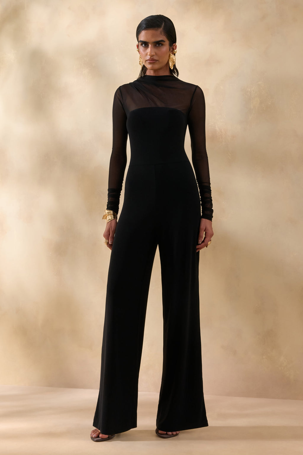 Emeria | Black High-Neck Jumpsuit With Long Mesh-Sleeves