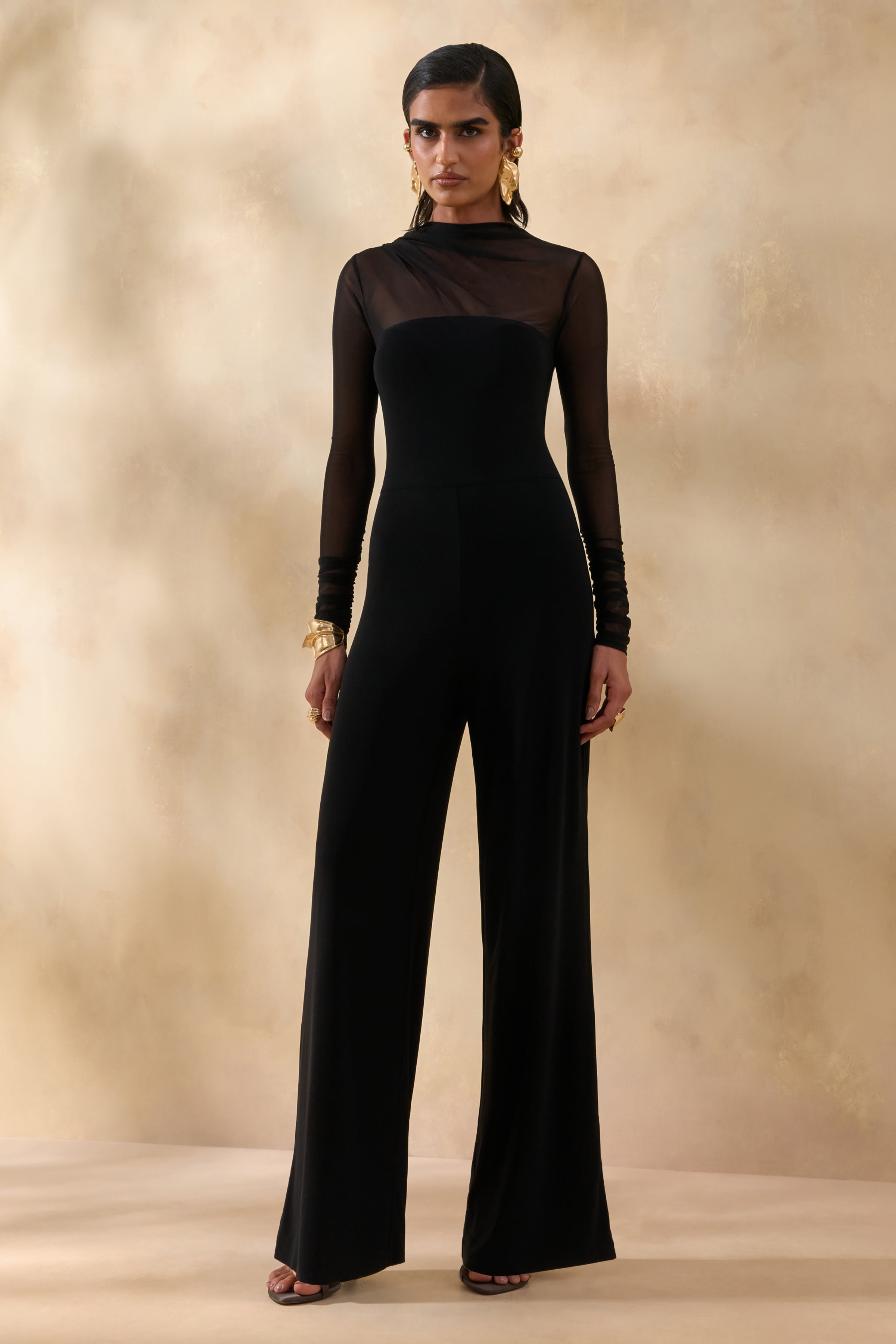 Emeria | Black High-Neck Jumpsuit With Long Mesh-Sleeves