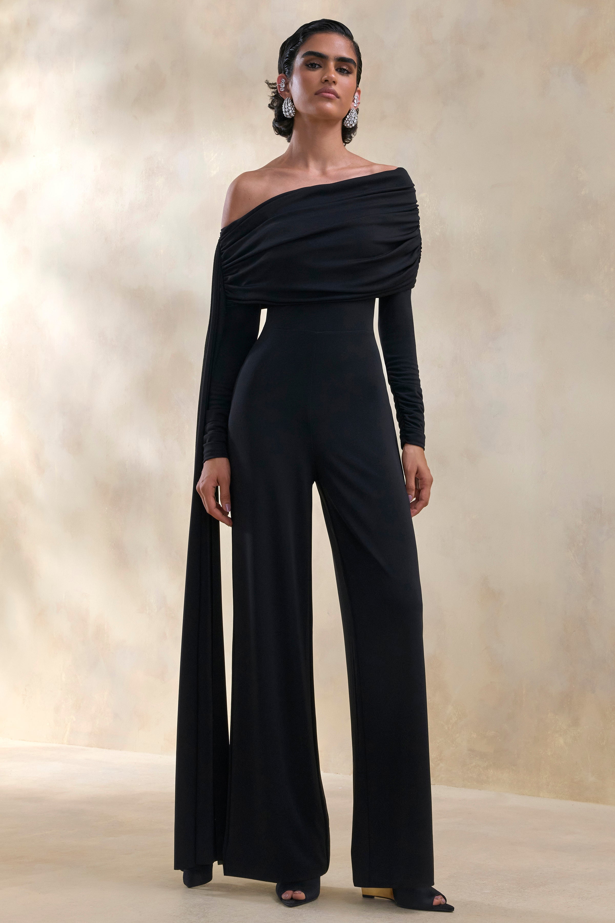 Elova | Black Bardot-Neck Jumpsuit With Sash