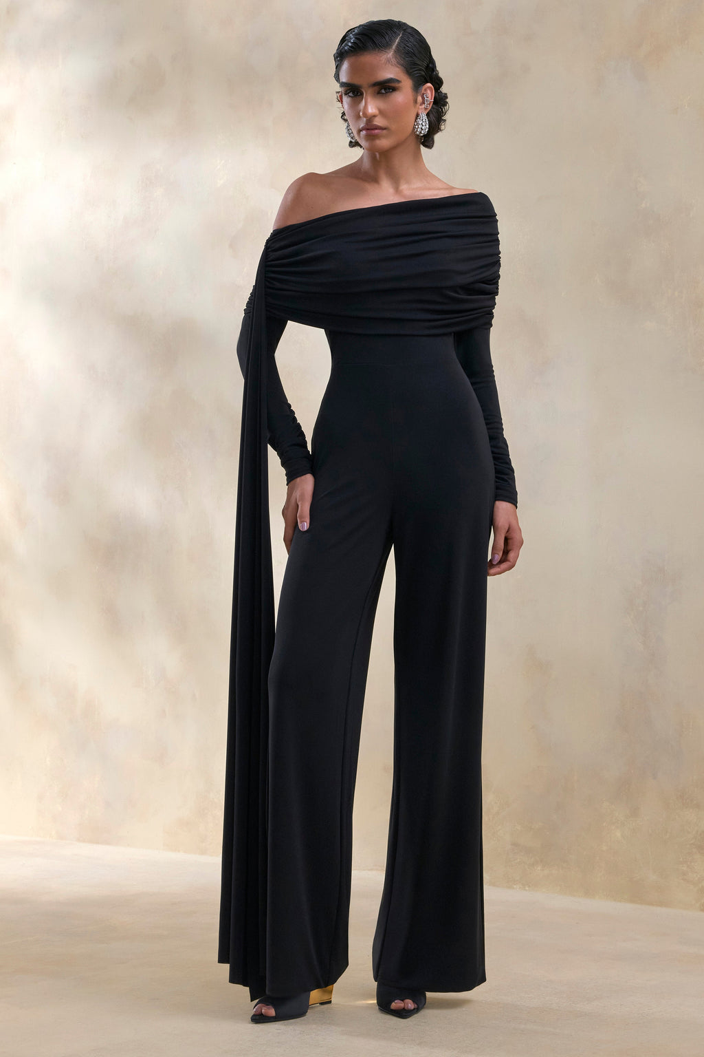 Elova | Black Bardot-Neck Jumpsuit With Sash