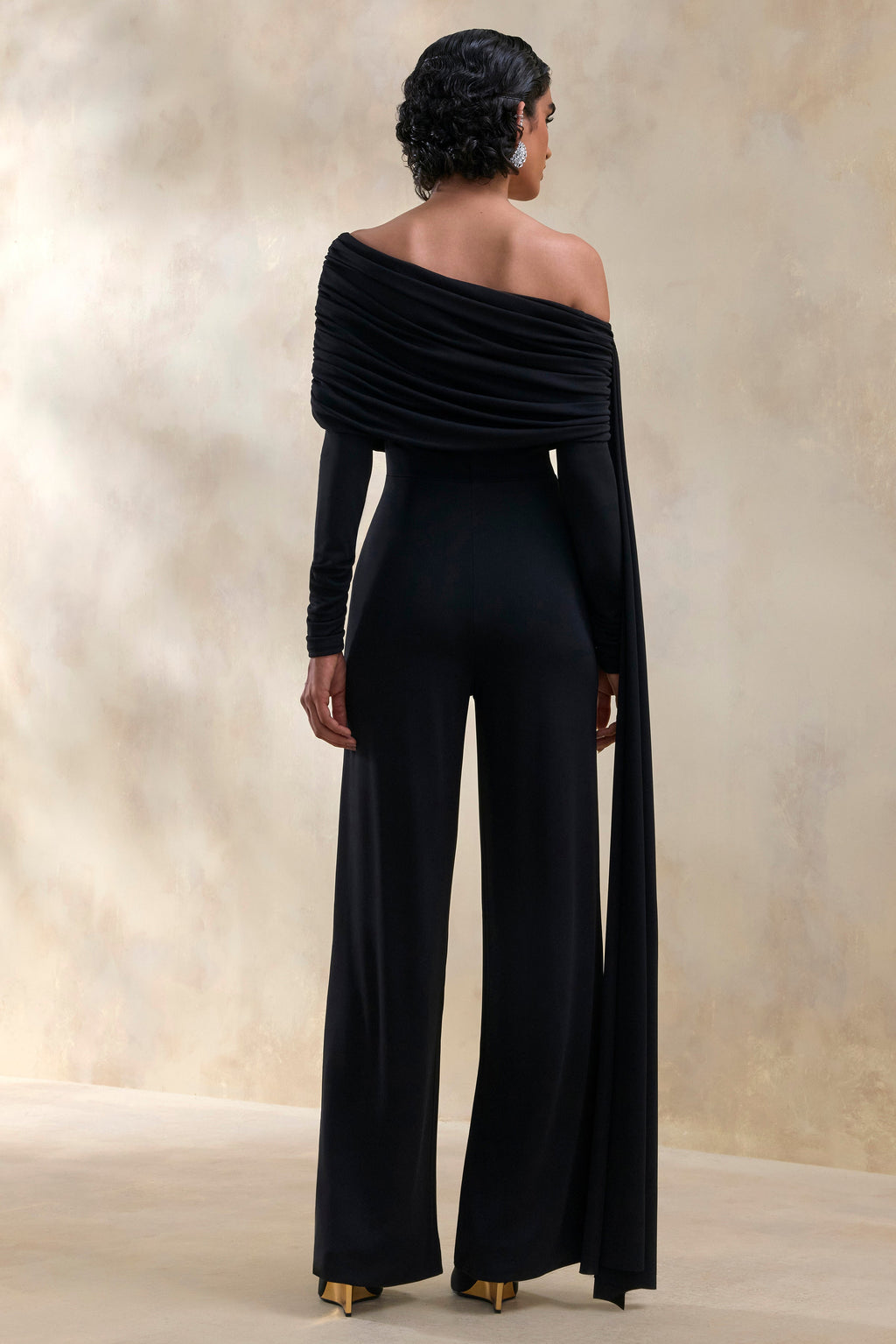 Elova | Black Bardot-Neck Jumpsuit With Sash