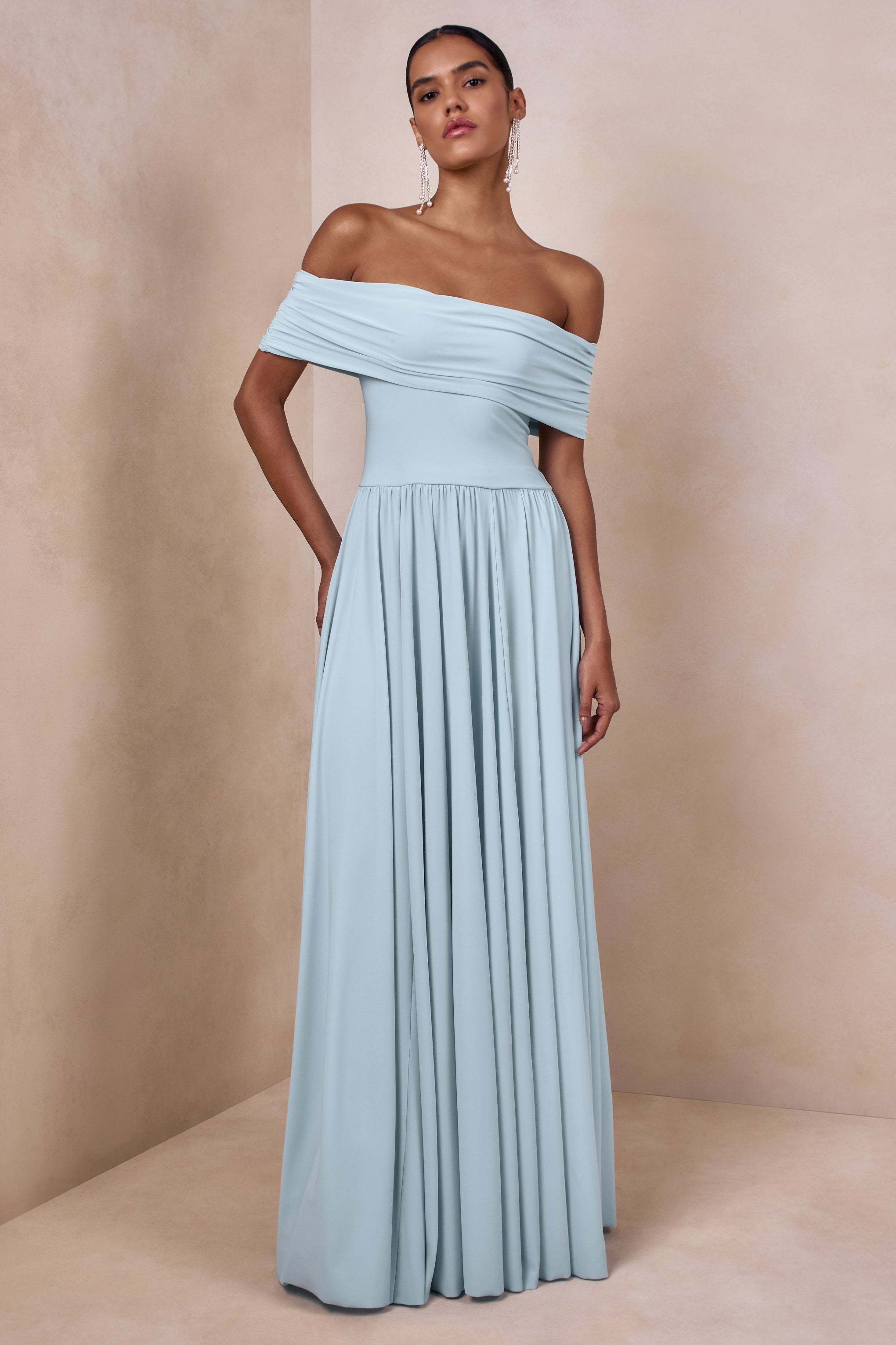 Cindie | Powder Blue Bardot-Neck Maxi Dress