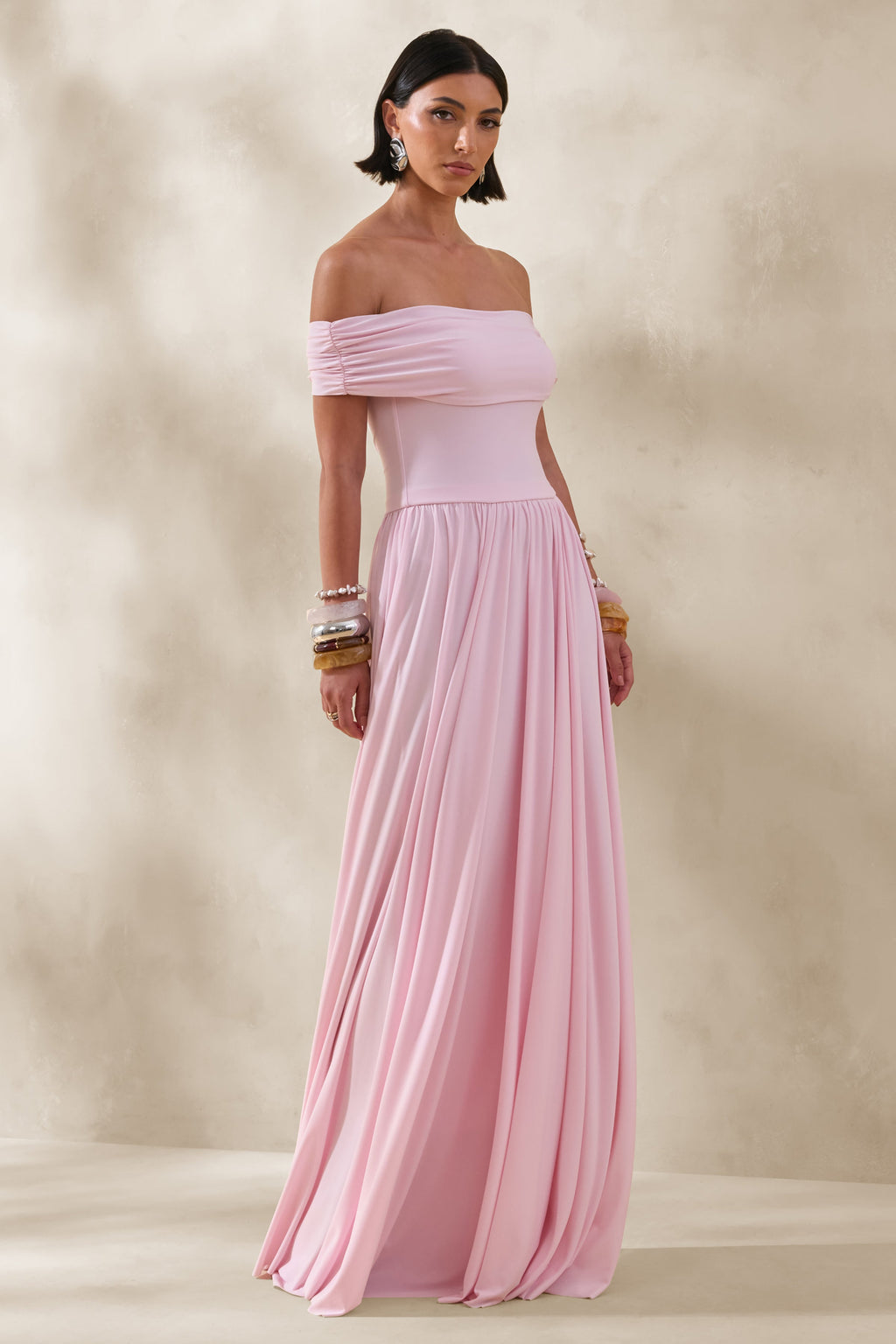 Cindie | Pink Bardot-Neck Maxi Dress