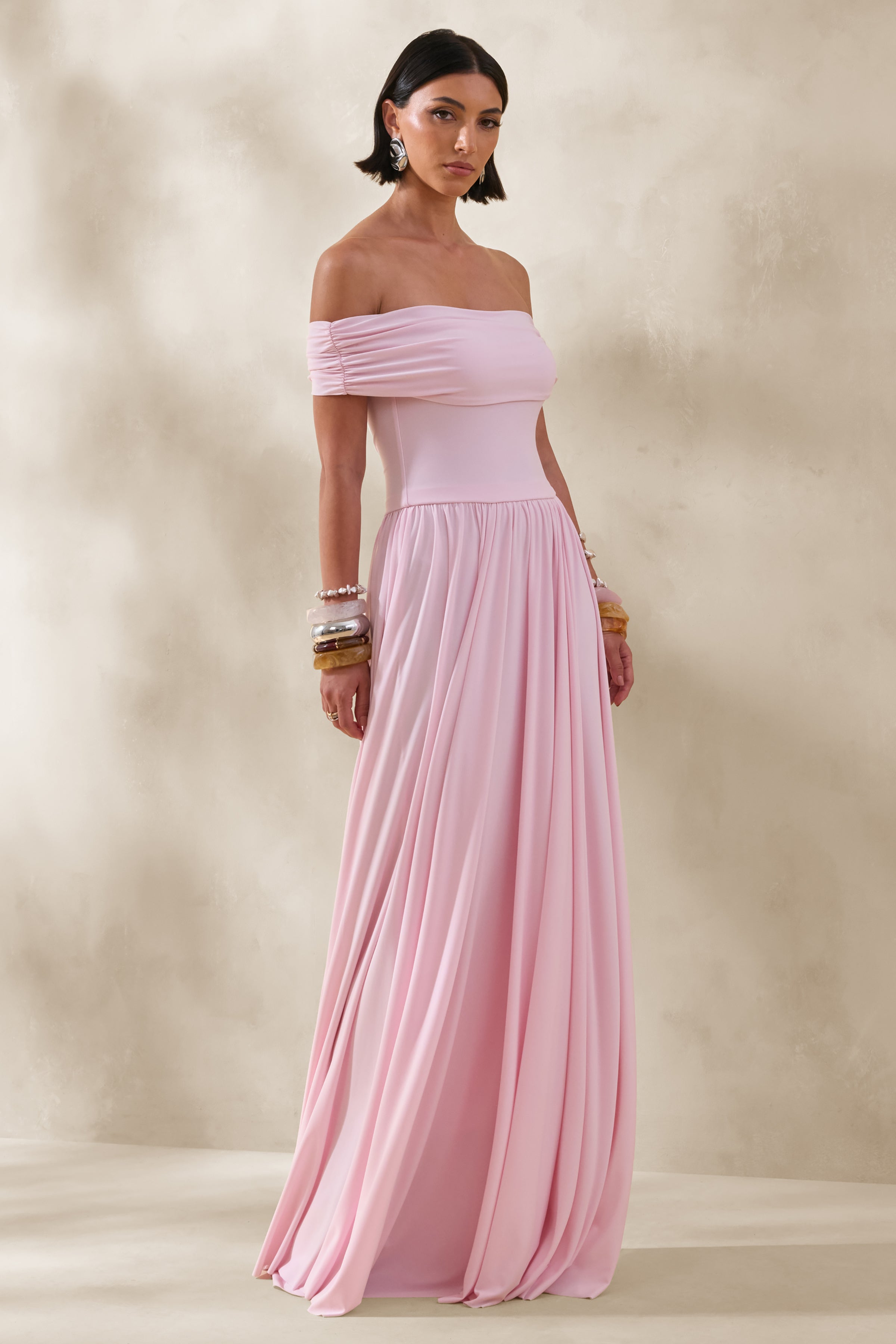 Cindie | Pink Bardot-Neck Maxi Dress