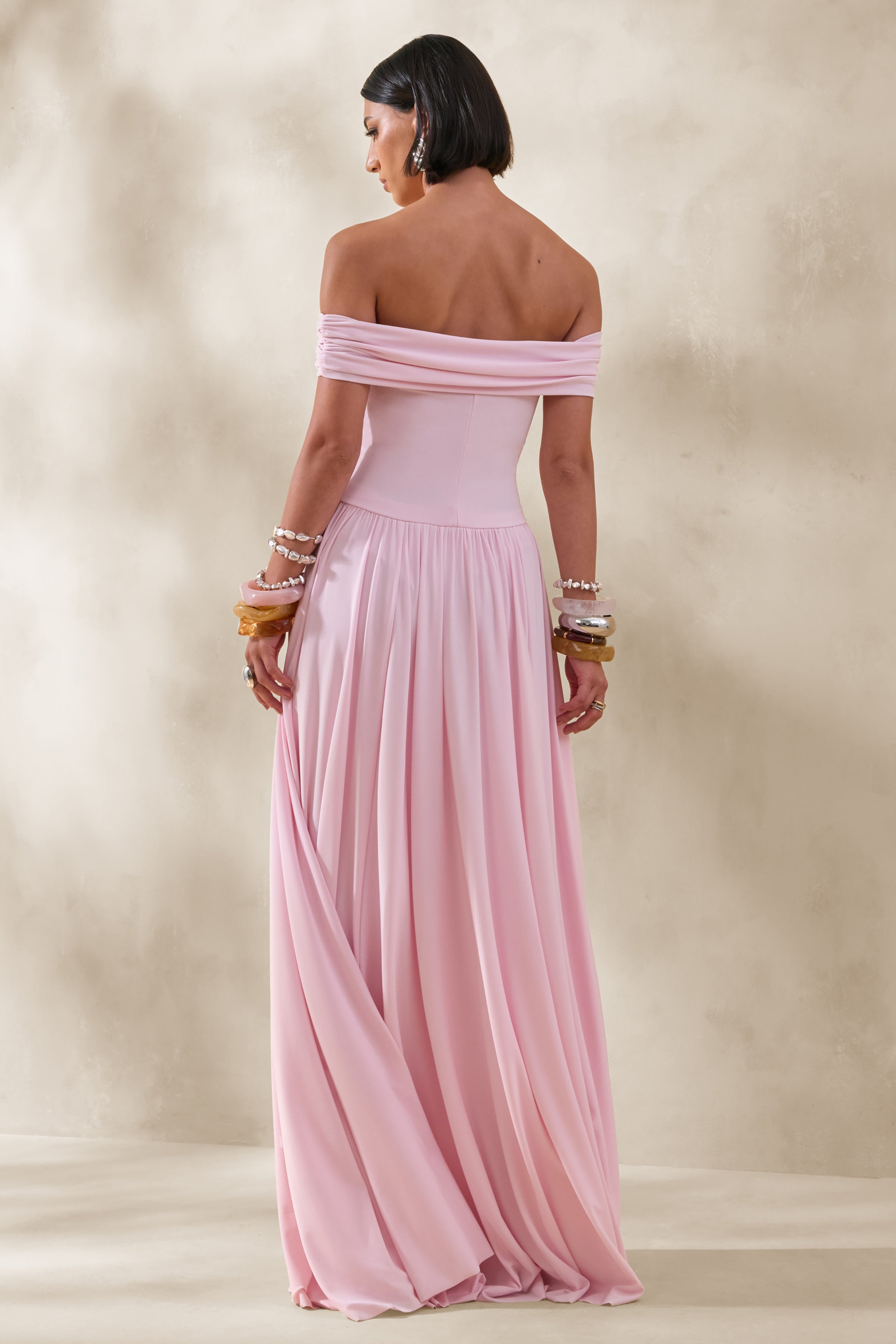 Cindie | Pink Bardot-Neck Maxi Dress