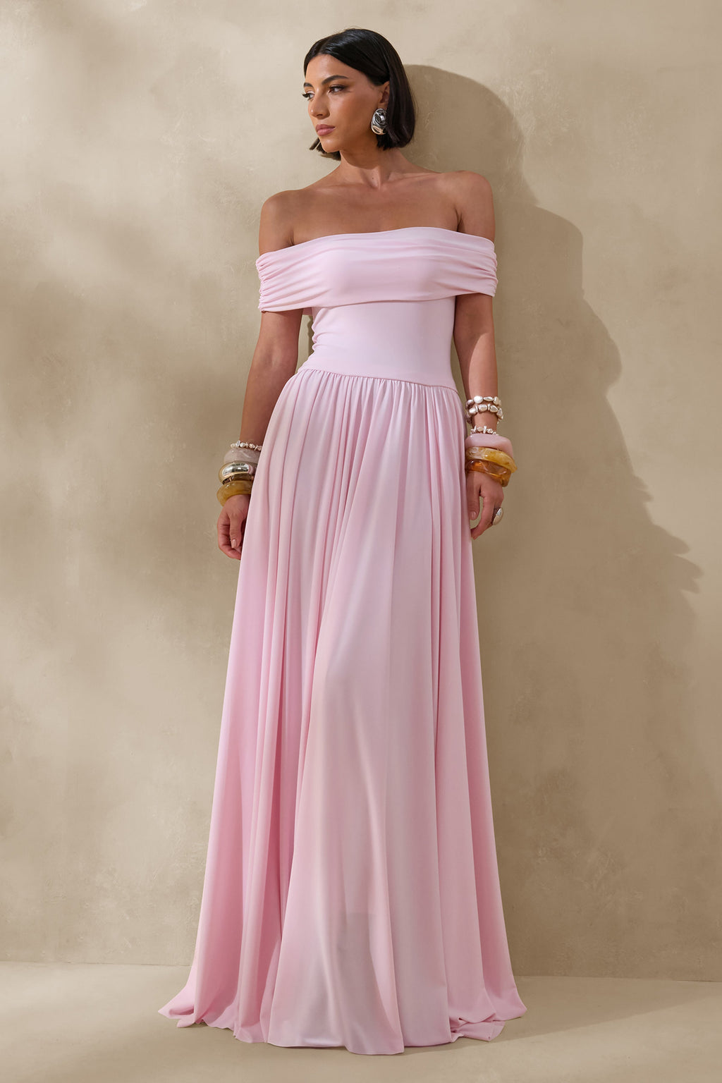 Cindie | Pink Bardot-Neck Maxi Dress