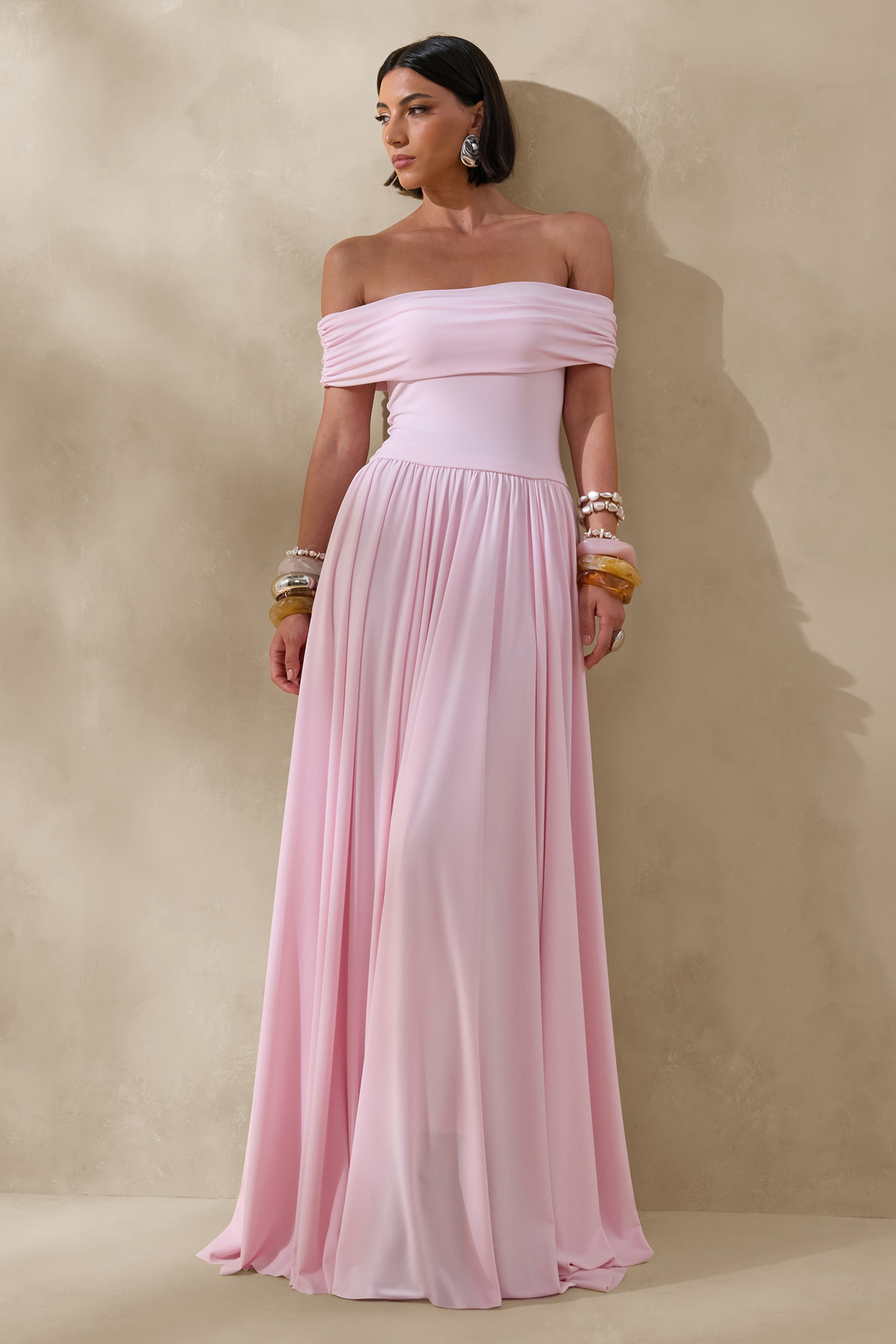 Cindie | Pink Bardot-Neck Maxi Dress