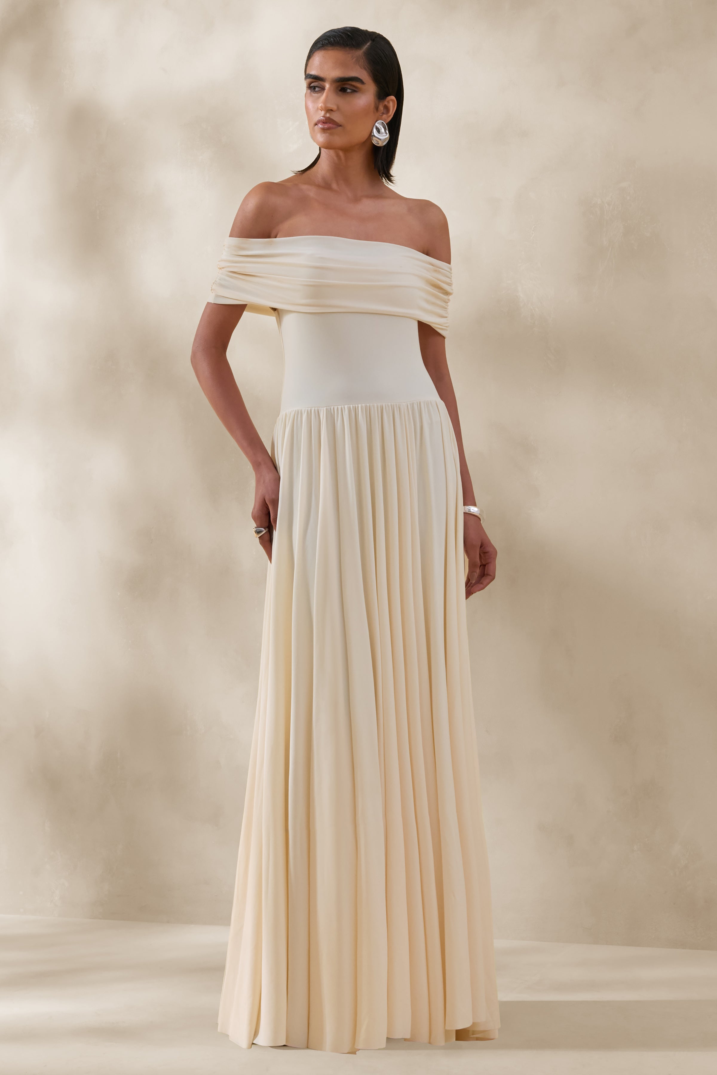 Cindie | Cream Bardot-Neck Maxi Dress