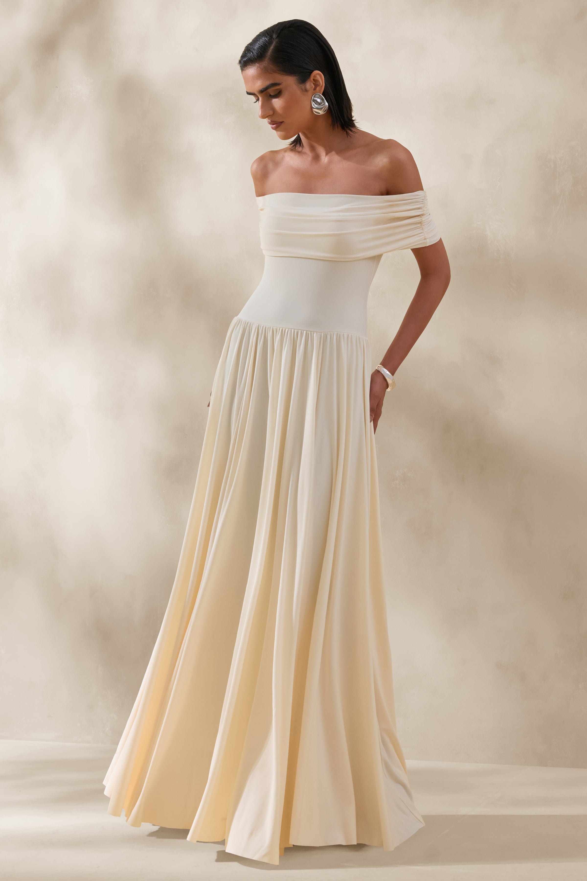 Cindie | Cream Bardot-Neck Maxi Dress