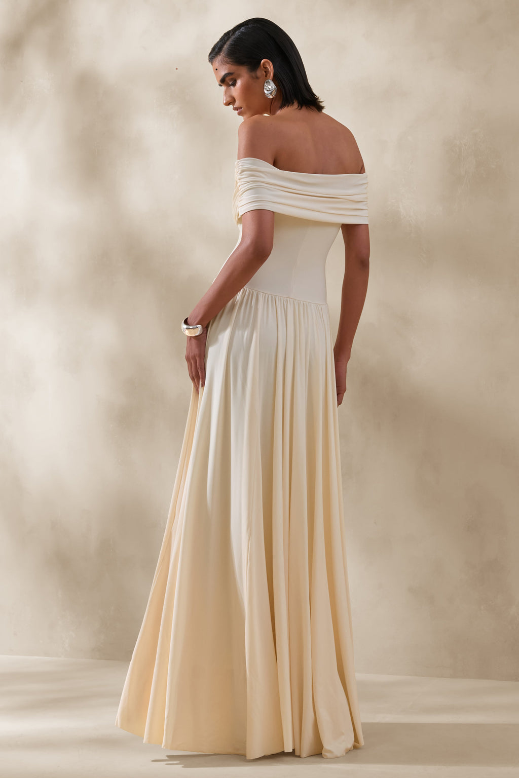 Cindie | Cream Bardot-Neck Maxi Dress