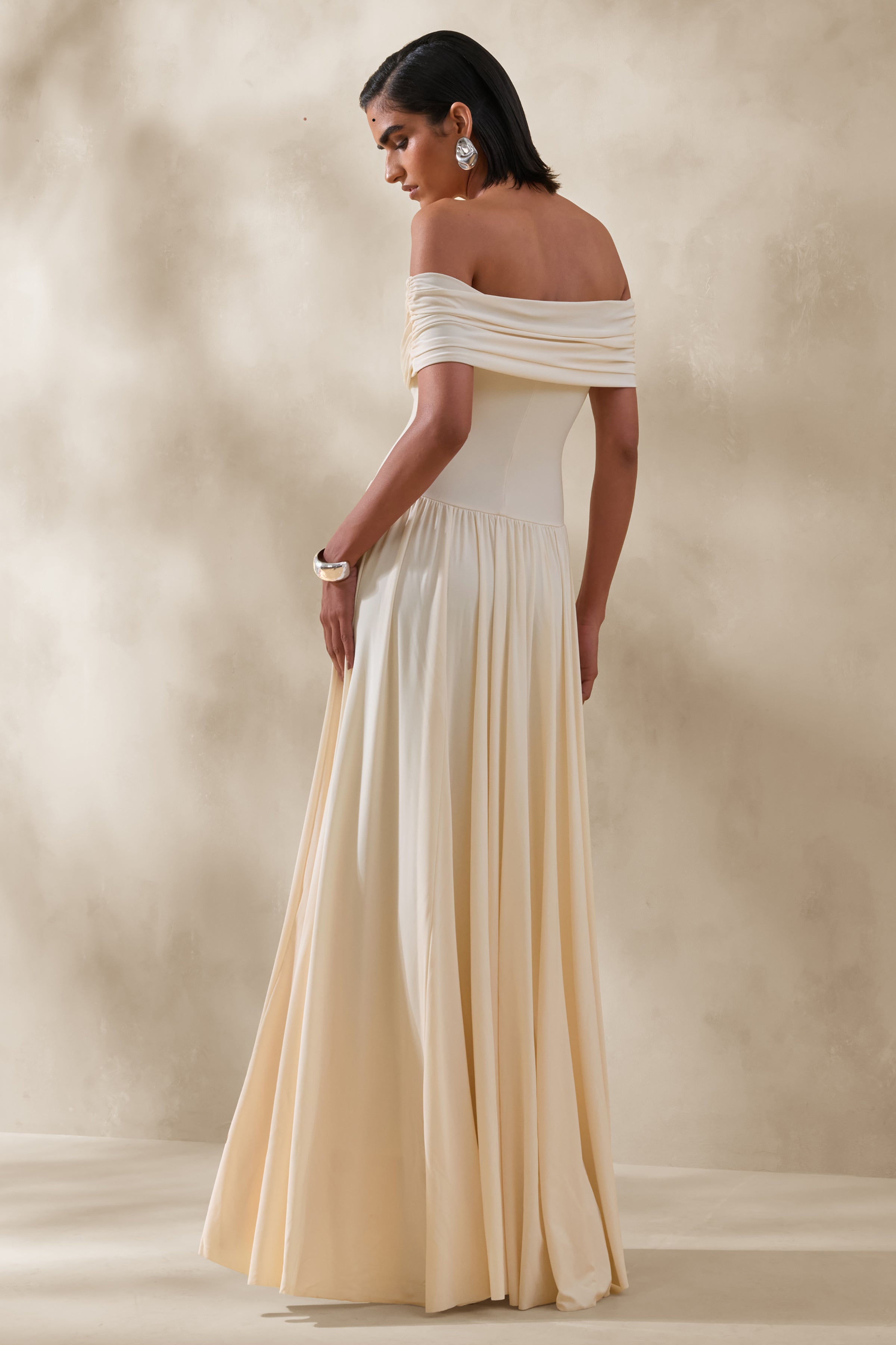 Cindie | Cream Bardot-Neck Maxi Dress
