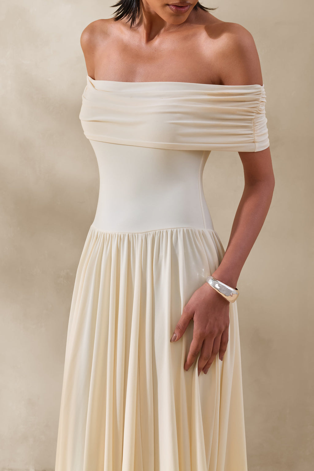 Cindie | Cream Bardot-Neck Maxi Dress