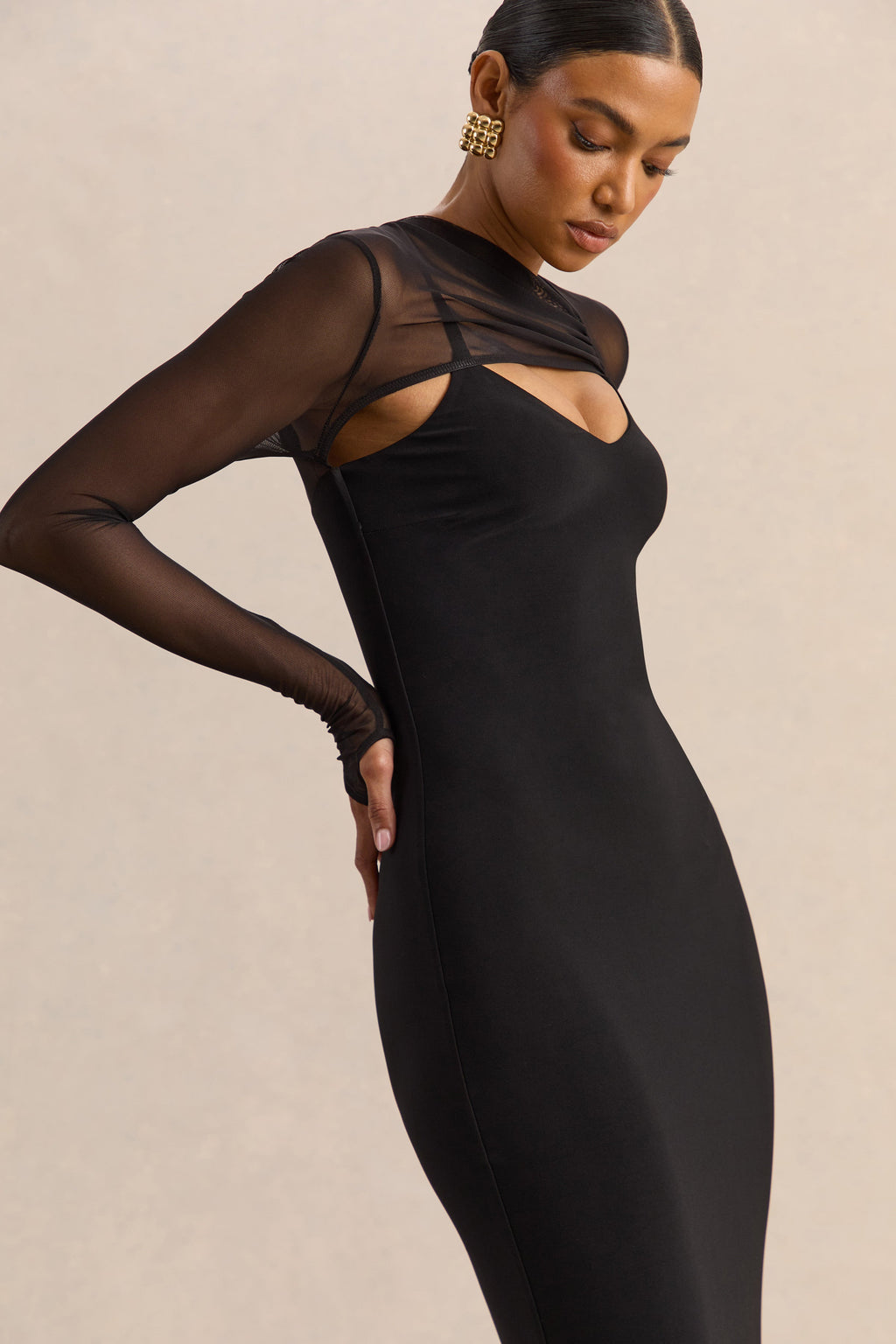 Coralia | Black Asymmetric-Neck Maxi Dress With Mesh Long-Sleeves