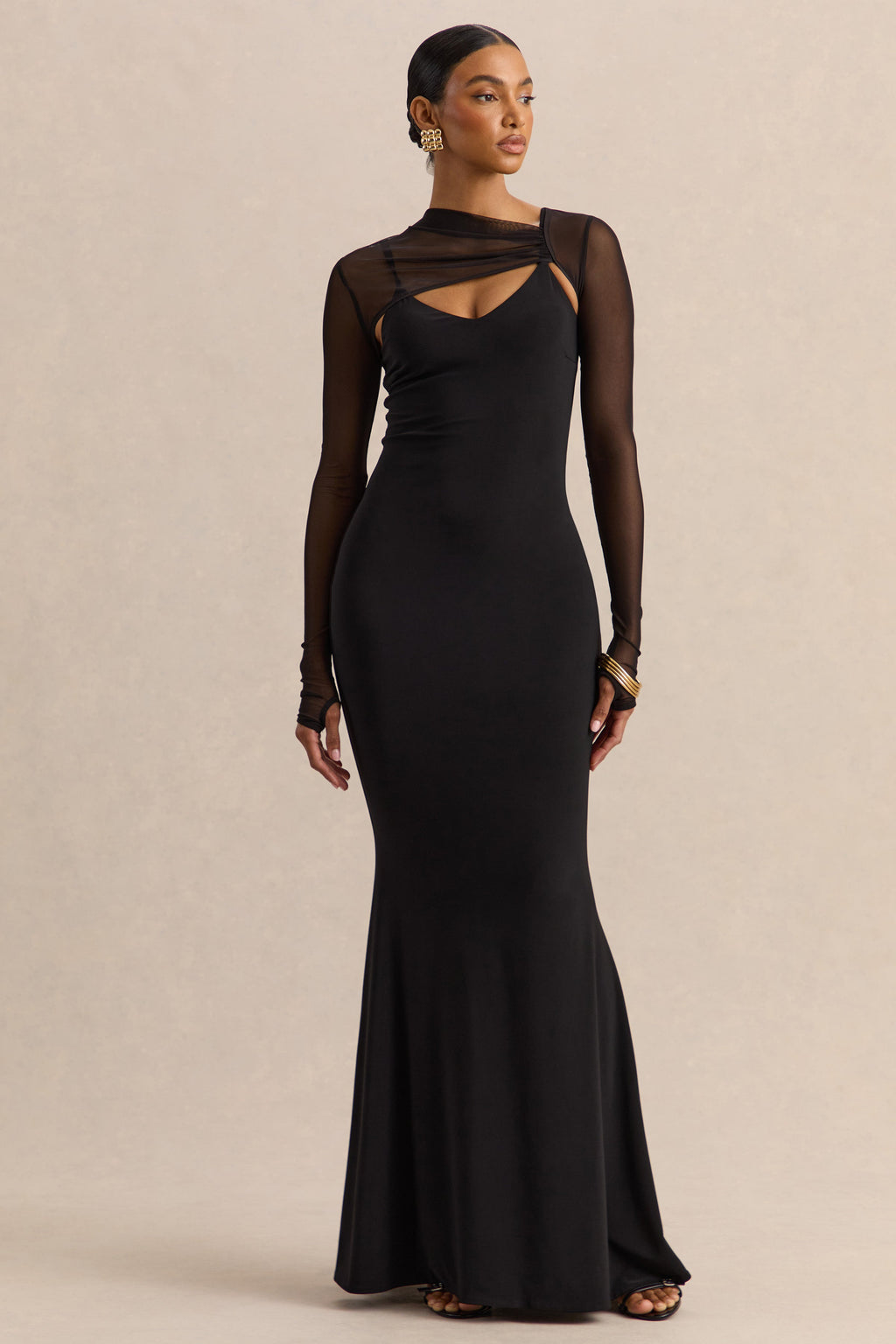 Coralia | Black Asymmetric-Neck Maxi Dress With Mesh Long-Sleeves