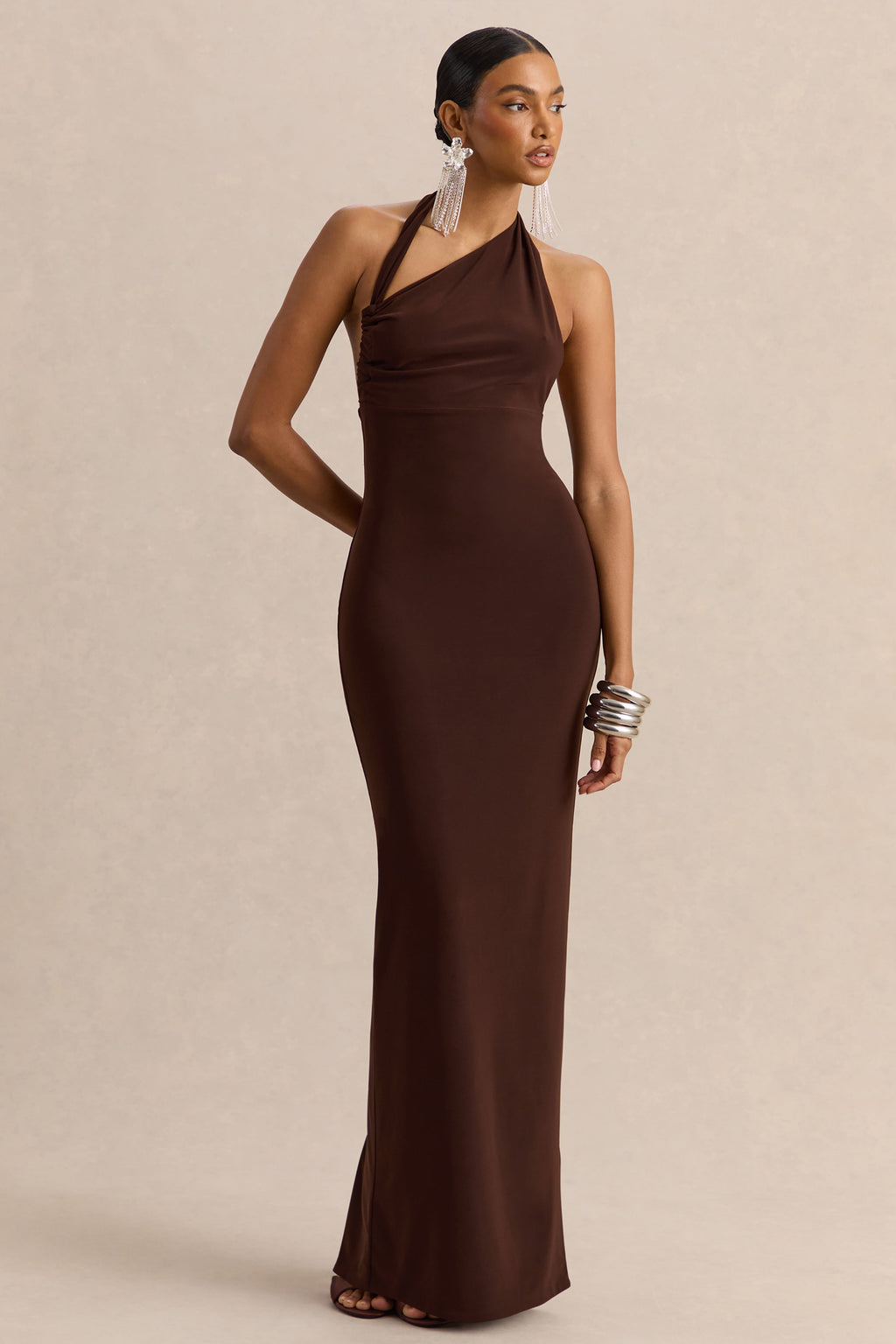 Delisse | Brown Asymmetric-Neck Maxi Dress