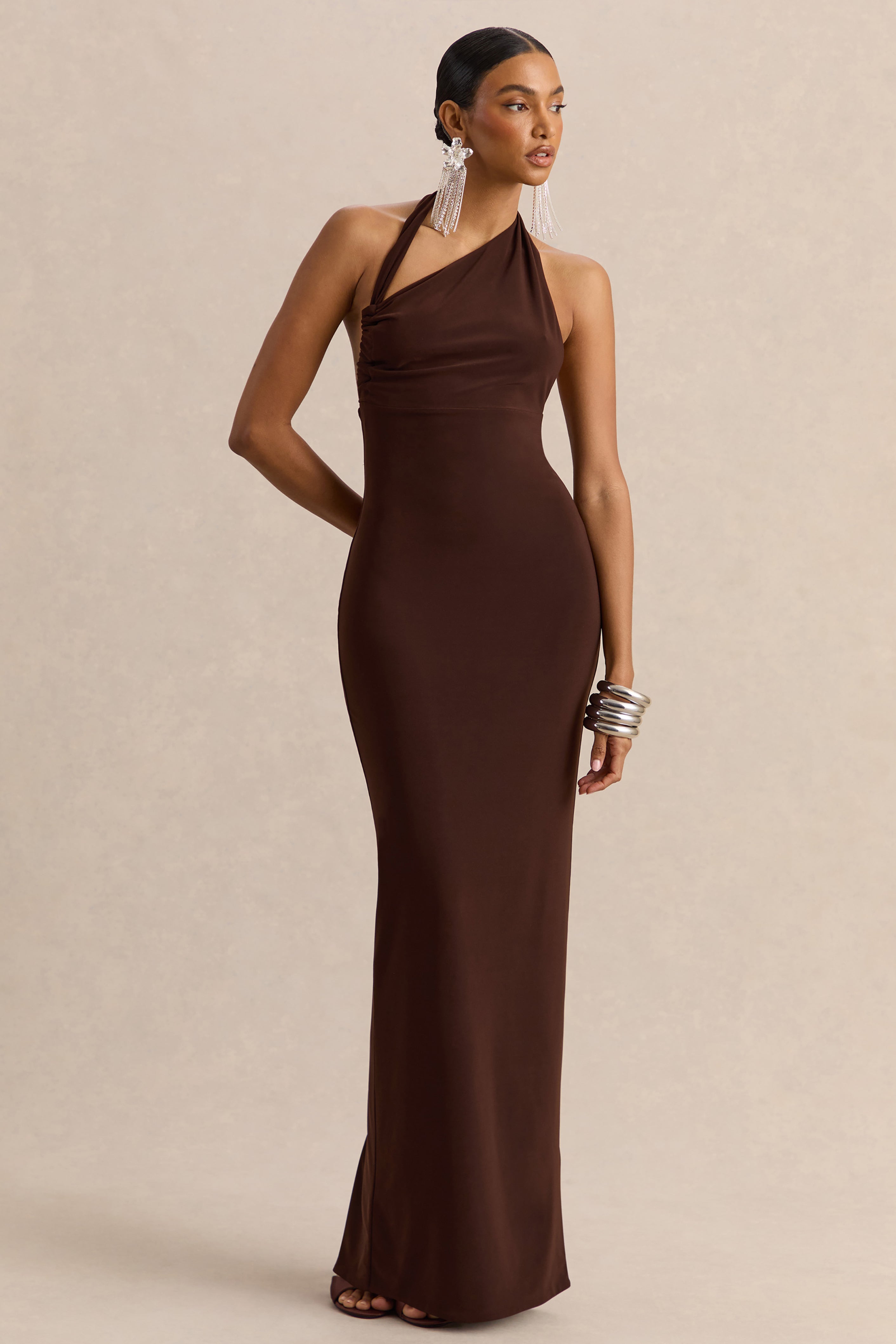Delisse | Brown Asymmetric-Neck Maxi Dress