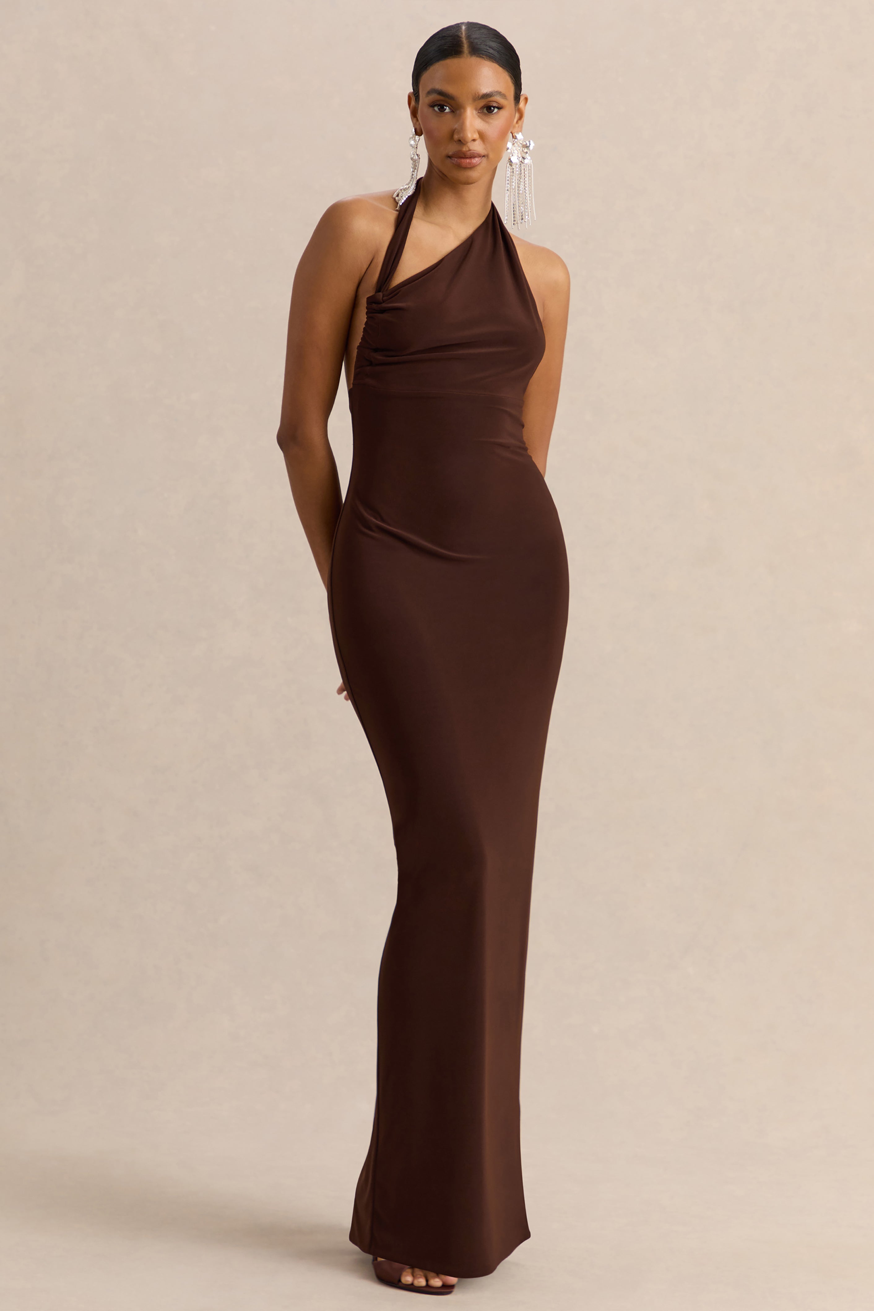 Delisse | Brown Asymmetric-Neck Maxi Dress