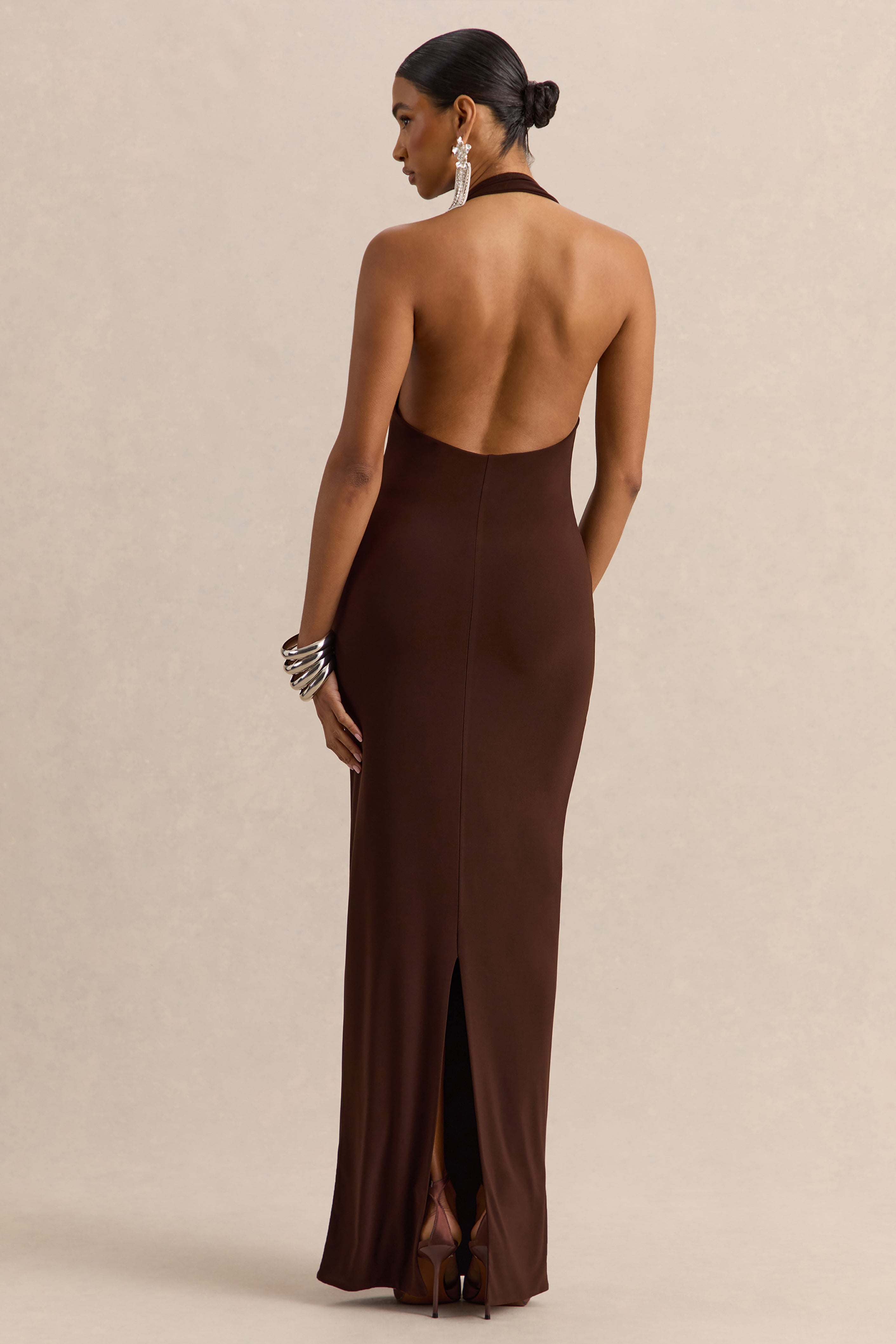 Delisse | Brown Asymmetric-Neck Maxi Dress