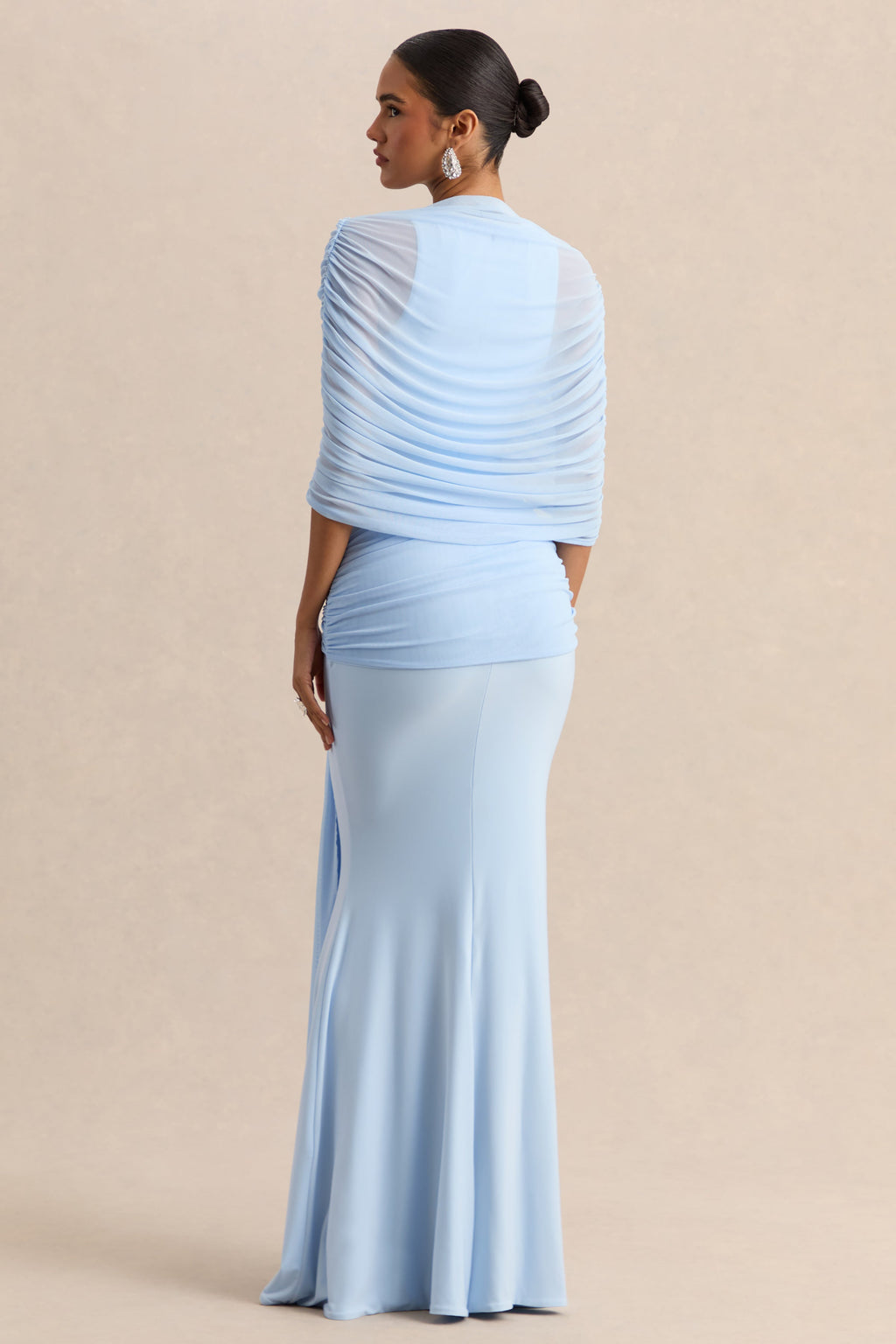 Mirene | Powder Blue Round-Neck Maxi-Dress With Gathered-Detailing And Sash