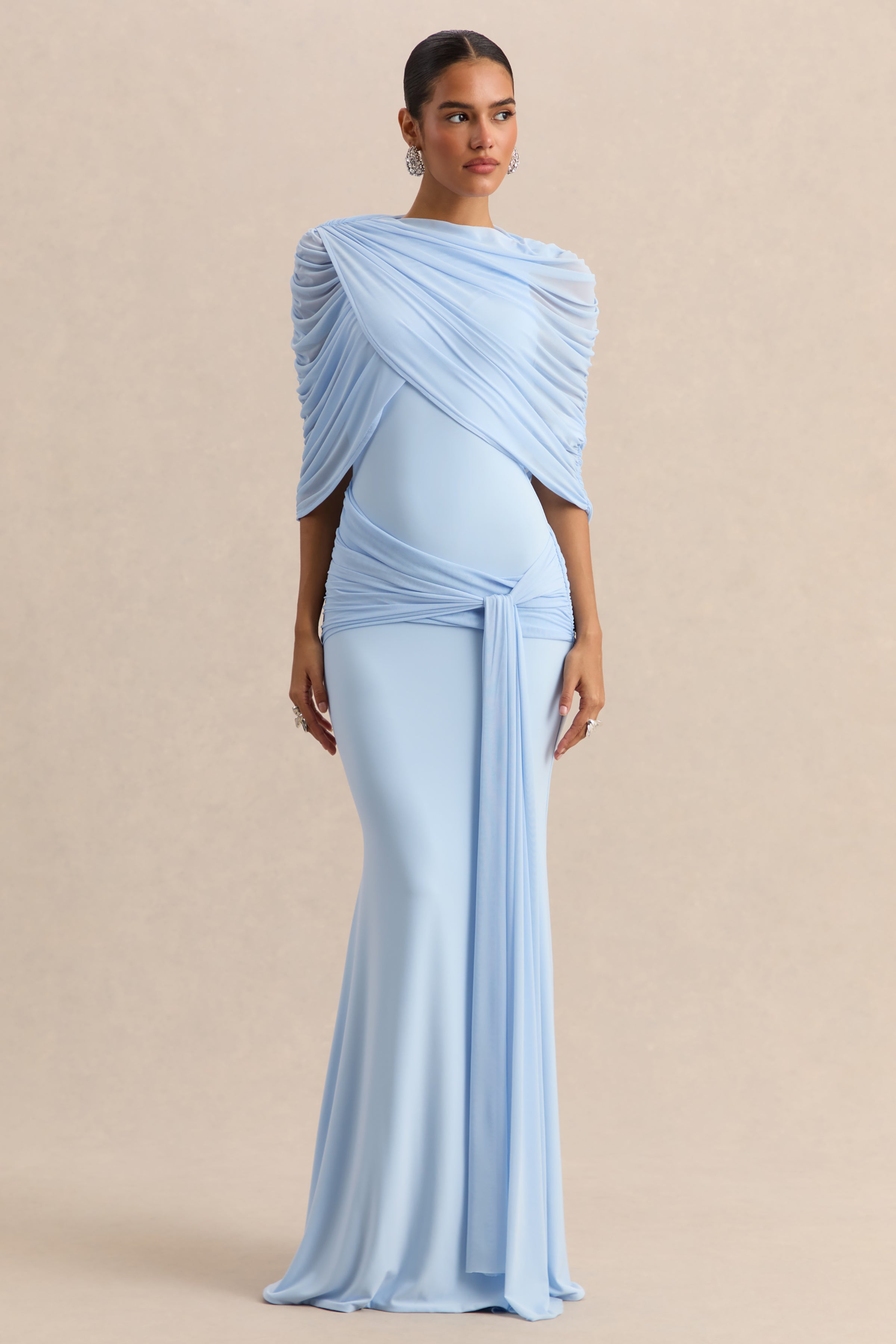 Mirene | Powder Blue Round-Neck Maxi-Dress With Gathered-Detailing And Sash