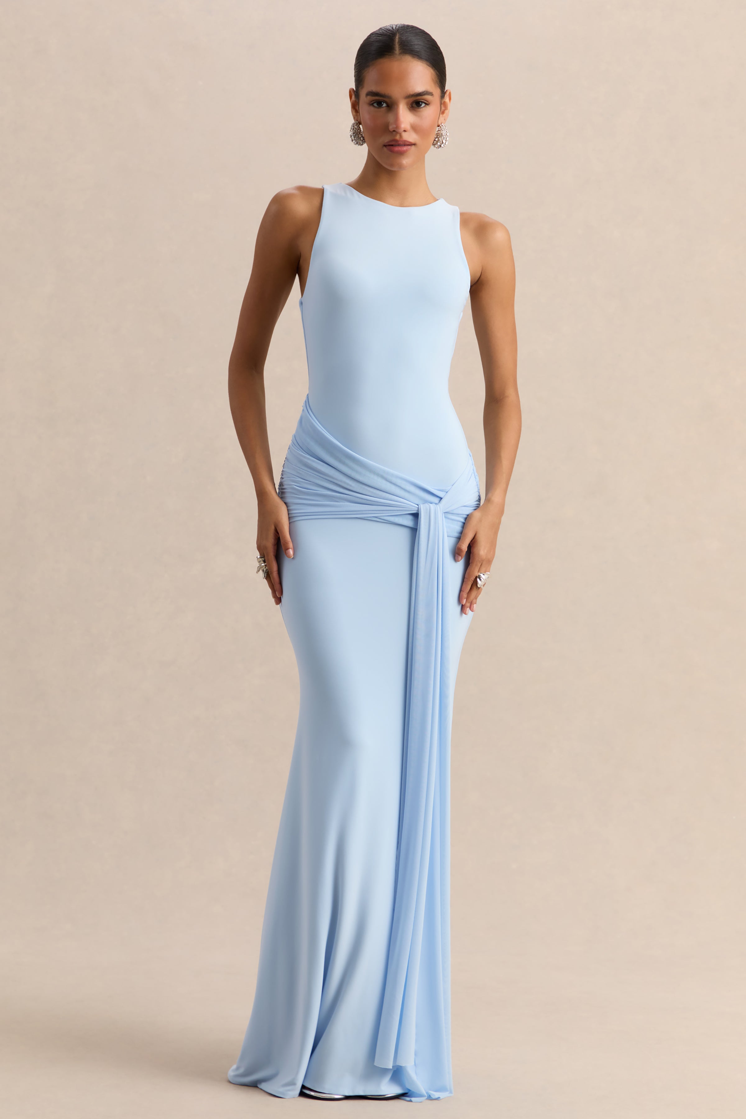 Mirene | Powder Blue Round-Neck Maxi-Dress With Gathered-Detailing And Sash