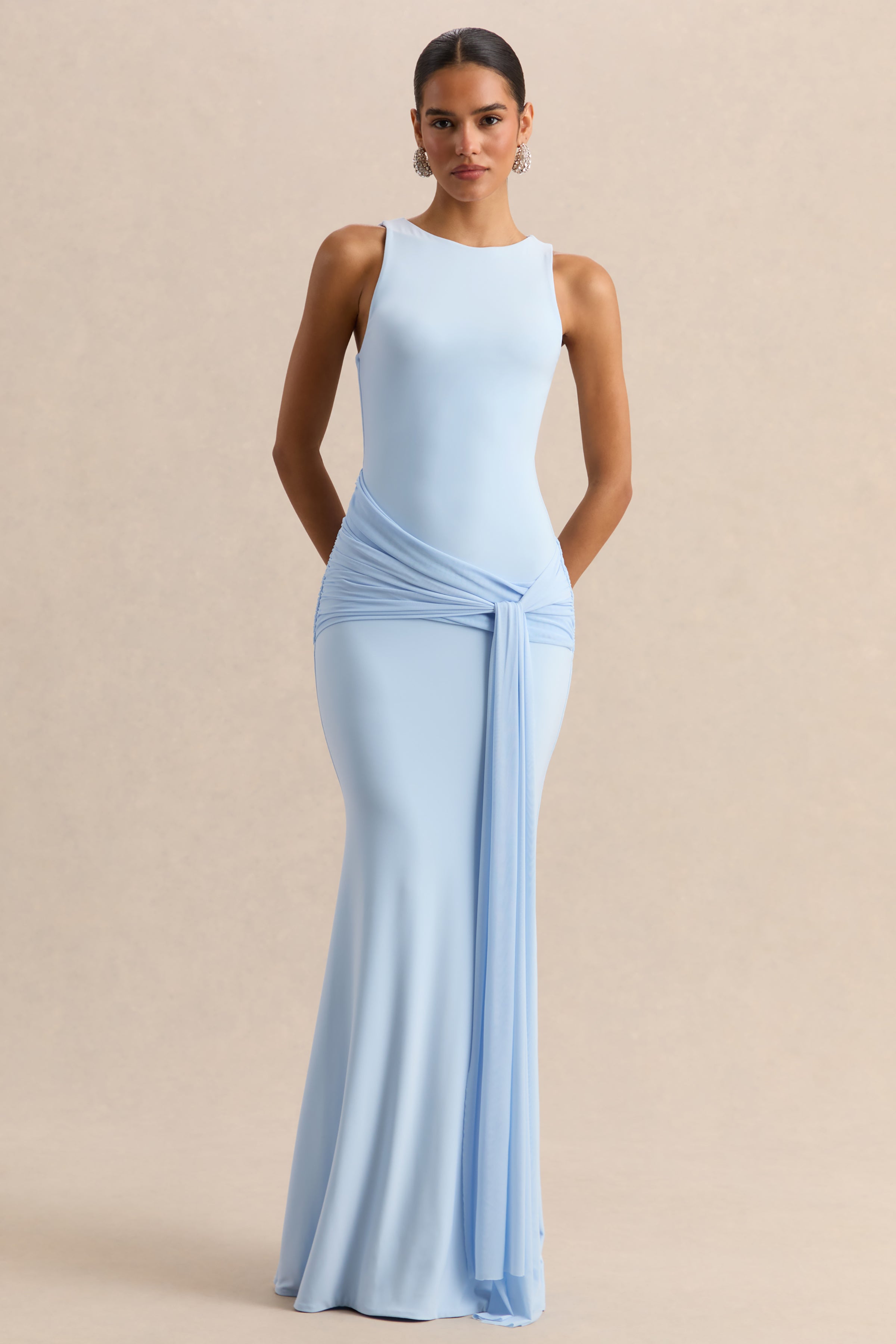 Mirene | Powder Blue Round-Neck Maxi-Dress With Gathered-Detailing And Sash