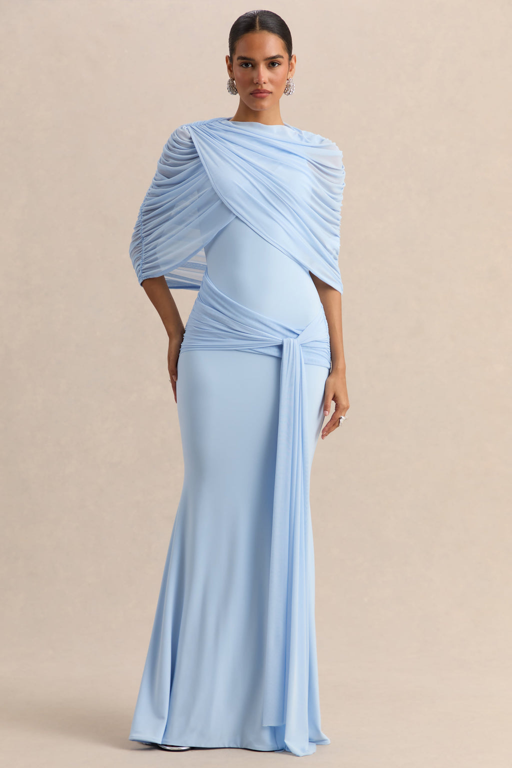 Mirene | Powder Blue Round-Neck Maxi-Dress With Gathered-Detailing And Sash