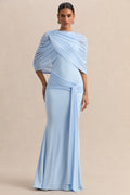 Mirene | Powder Blue Round-Neck Maxi-Dress With Gathered-Detailing And Sash