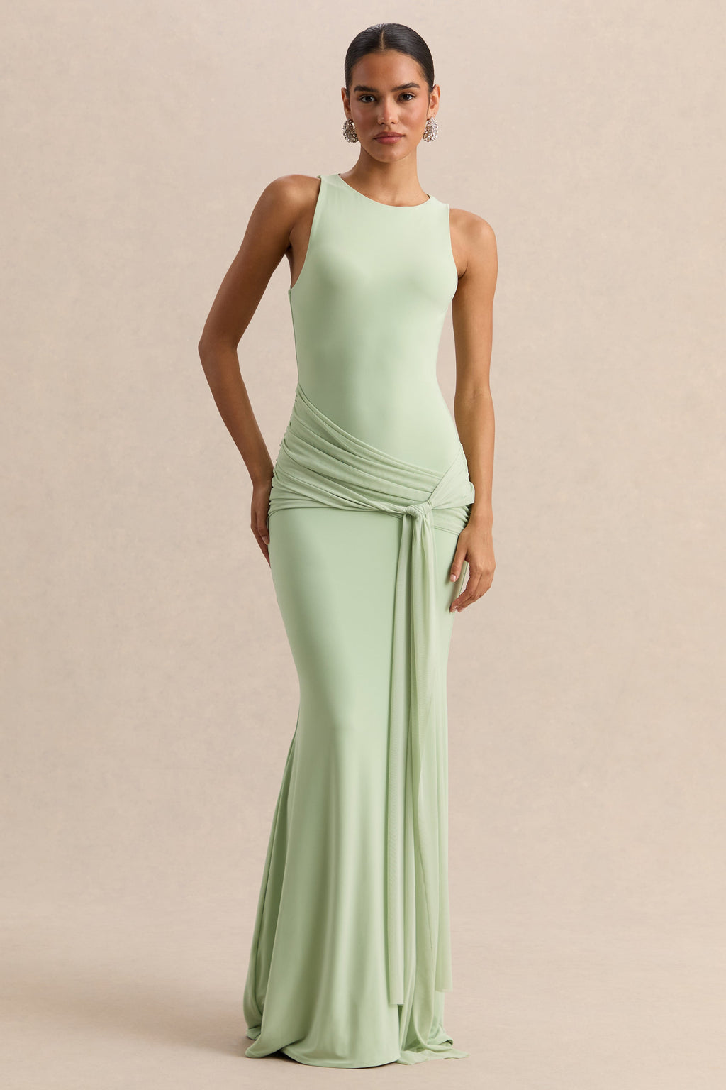 Mirene | Mint Round-Neck Maxi-Dress With Gathered-Detailing And Sash