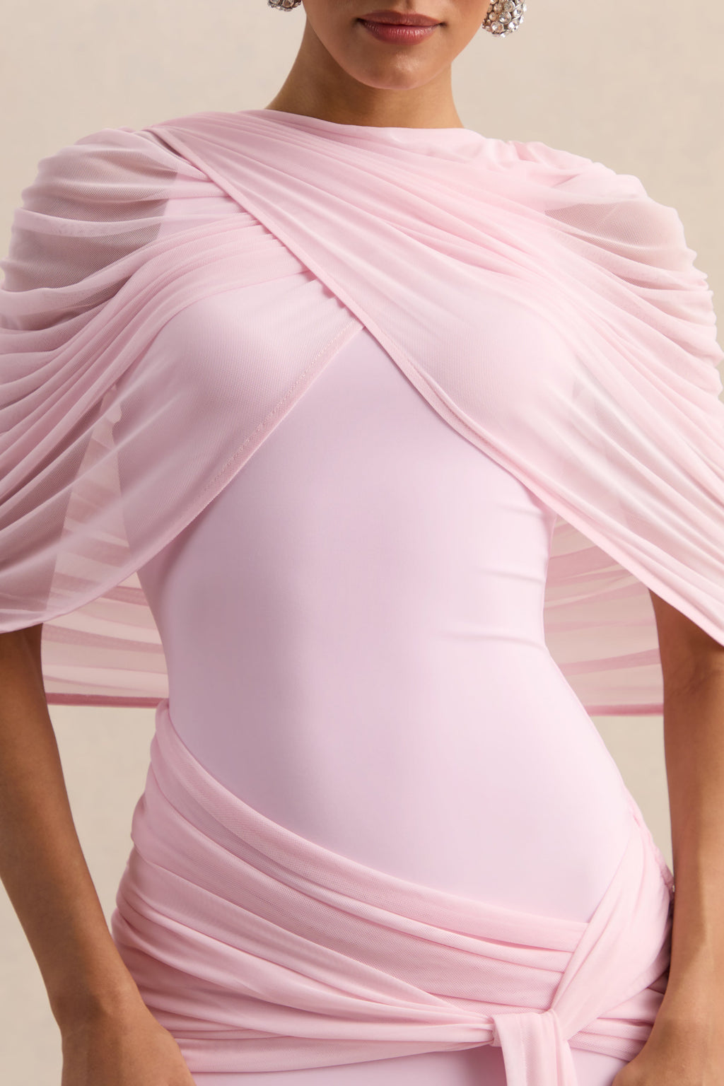 Mirene | Light Pink Round-Neck Maxi-Dress With Gathered-Detailing And Sash
