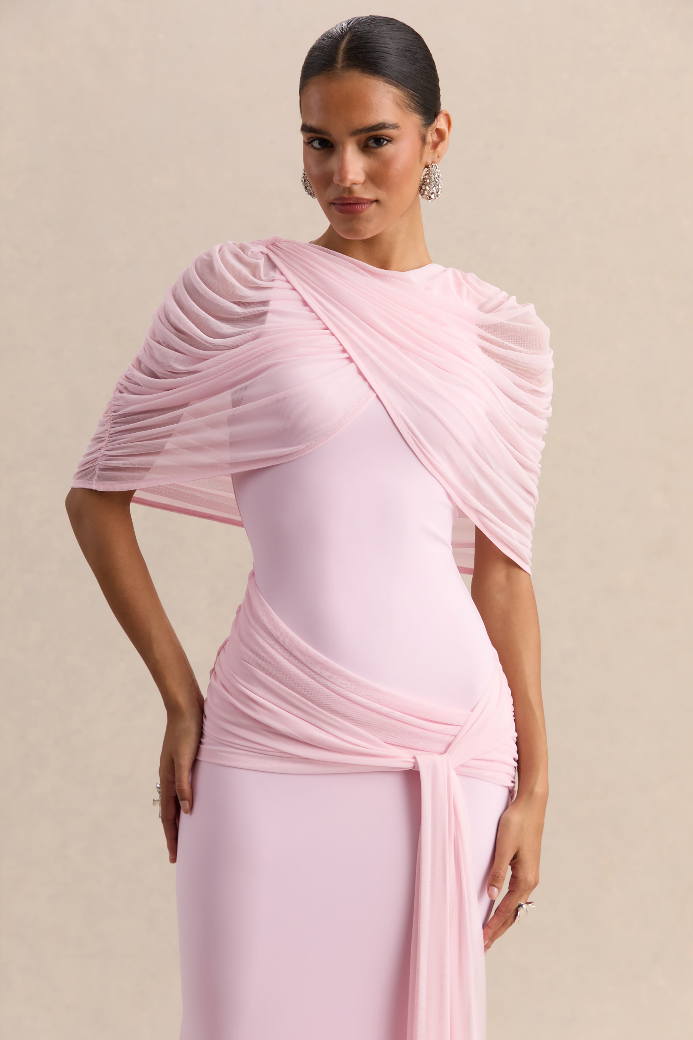 Mirene | Light Pink Round-Neck Maxi-Dress With Gathered-Detailing And Sash