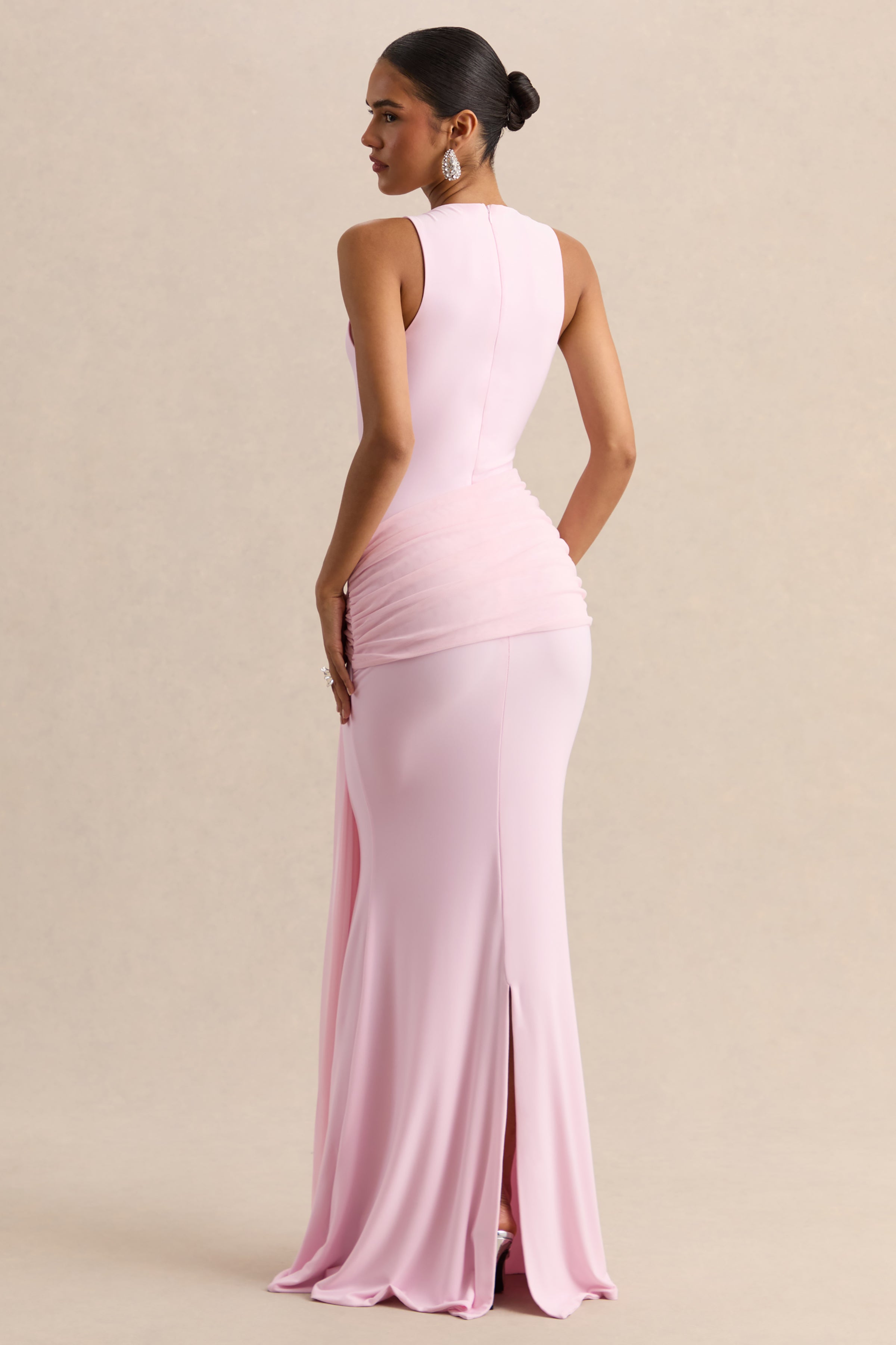 Mirene | Light Pink Round-Neck Maxi-Dress With Gathered-Detailing And Sash