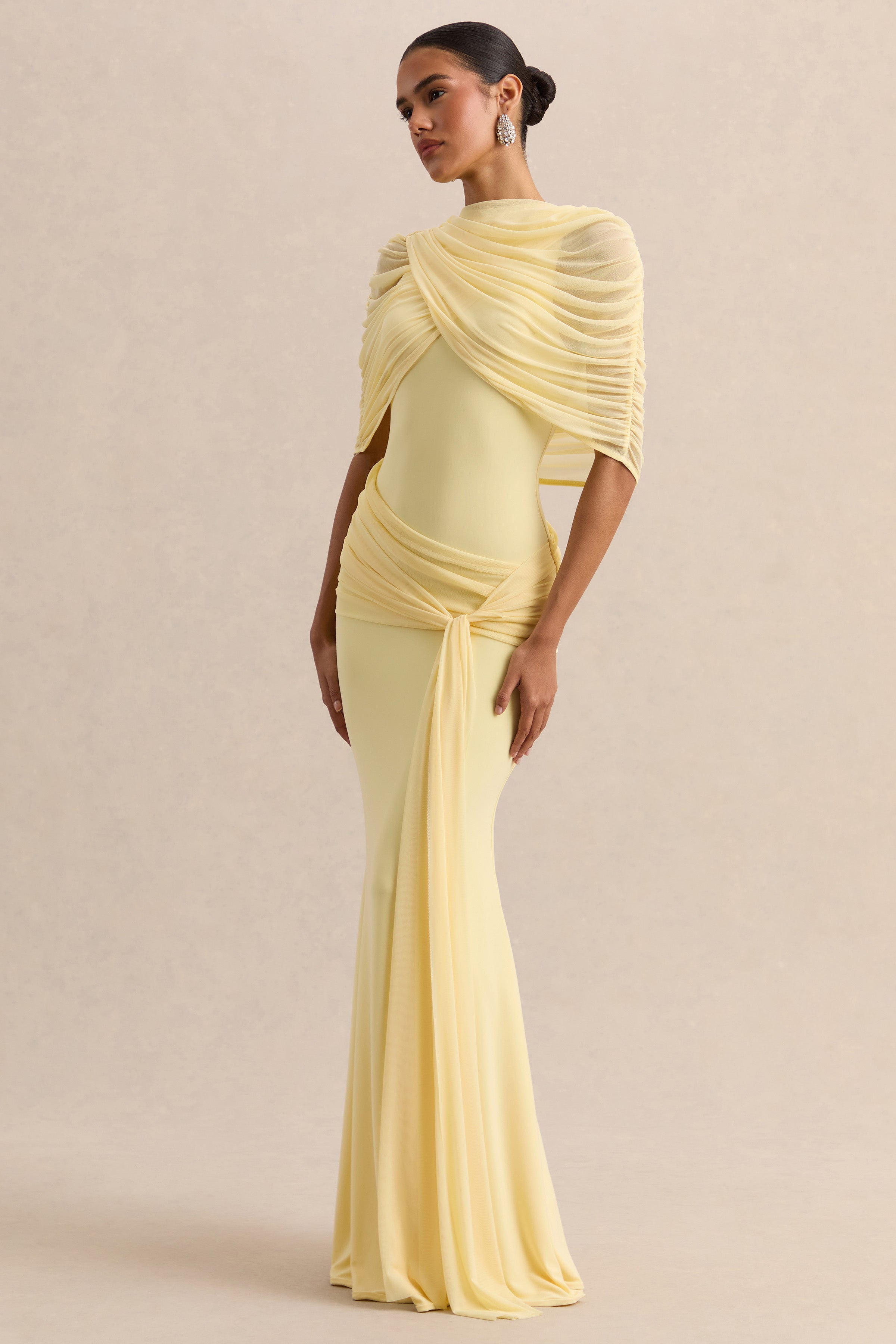 Mirene | Lemon Round-Neck Maxi-Dress With Gathered-Detailing And Sash