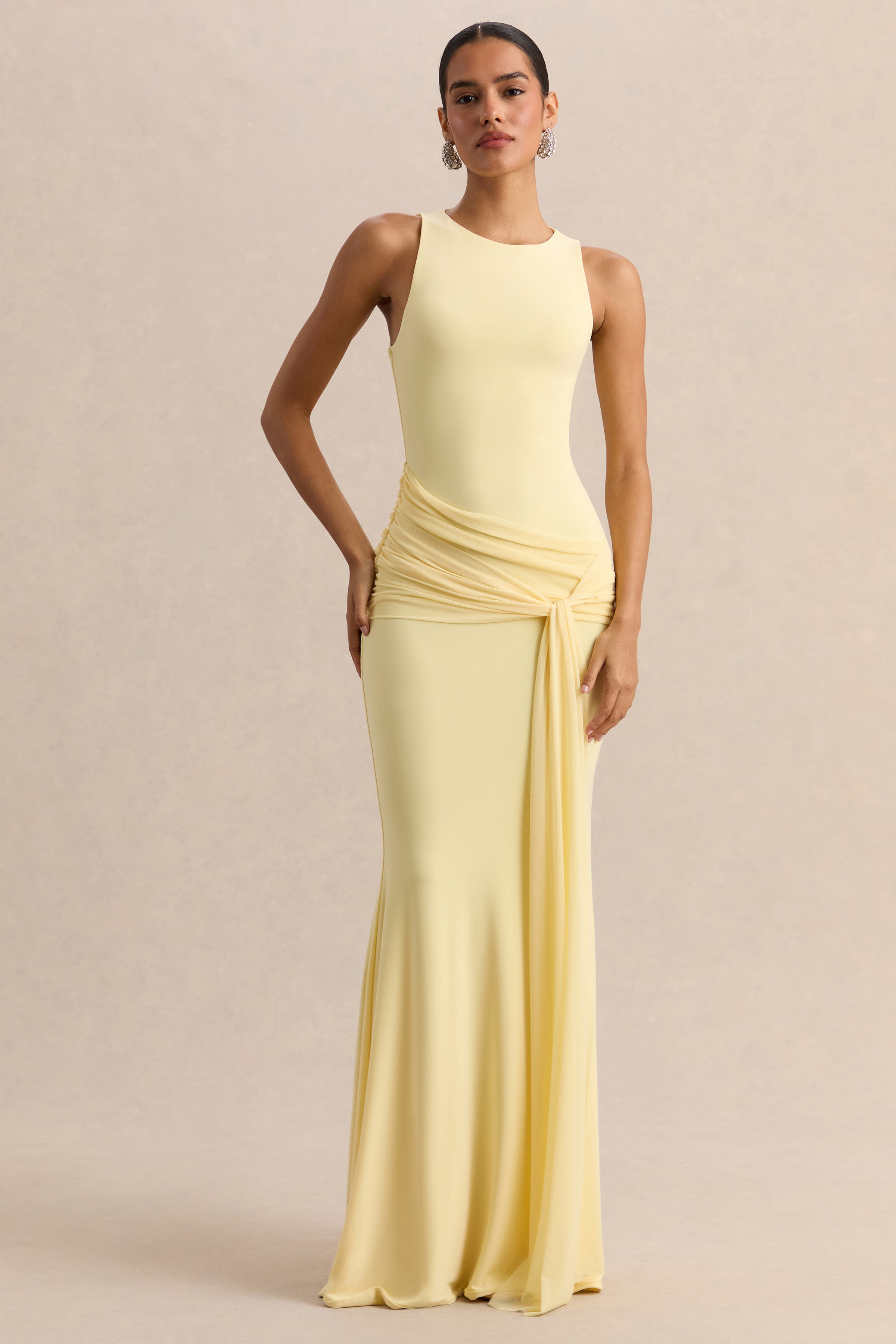 Mirene | Lemon Round-Neck Maxi-Dress With Gathered-Detailing And Sash